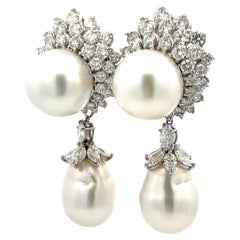 13,50 Karat runder und Marquis-Diamant 17mm Perle 18K WG/Platin baumelnde Ohrringe