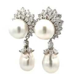 13,50 Karat runder und Marquis-Diamant 2,00 Karat Perle 18K WG/Platin baumelndes Ohrring