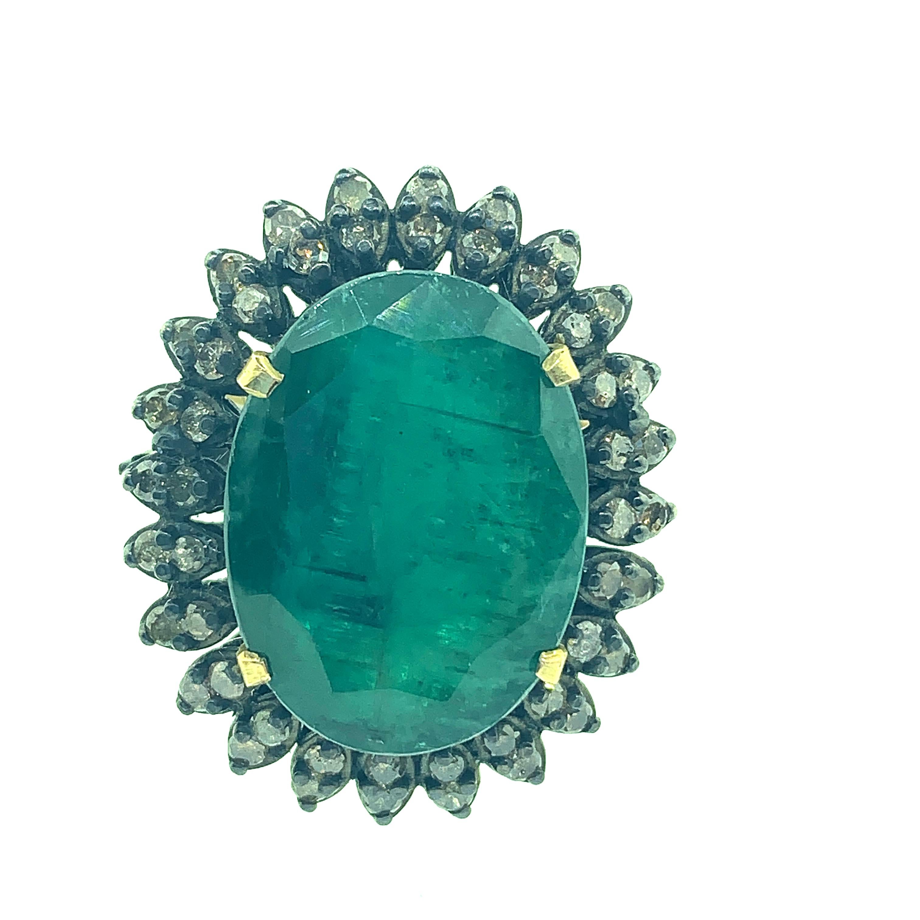 Contemporary 13.50 Carat Emerald, Diamond Ring in Oxidized Sterling Silver, 18 Karat Gold For Sale