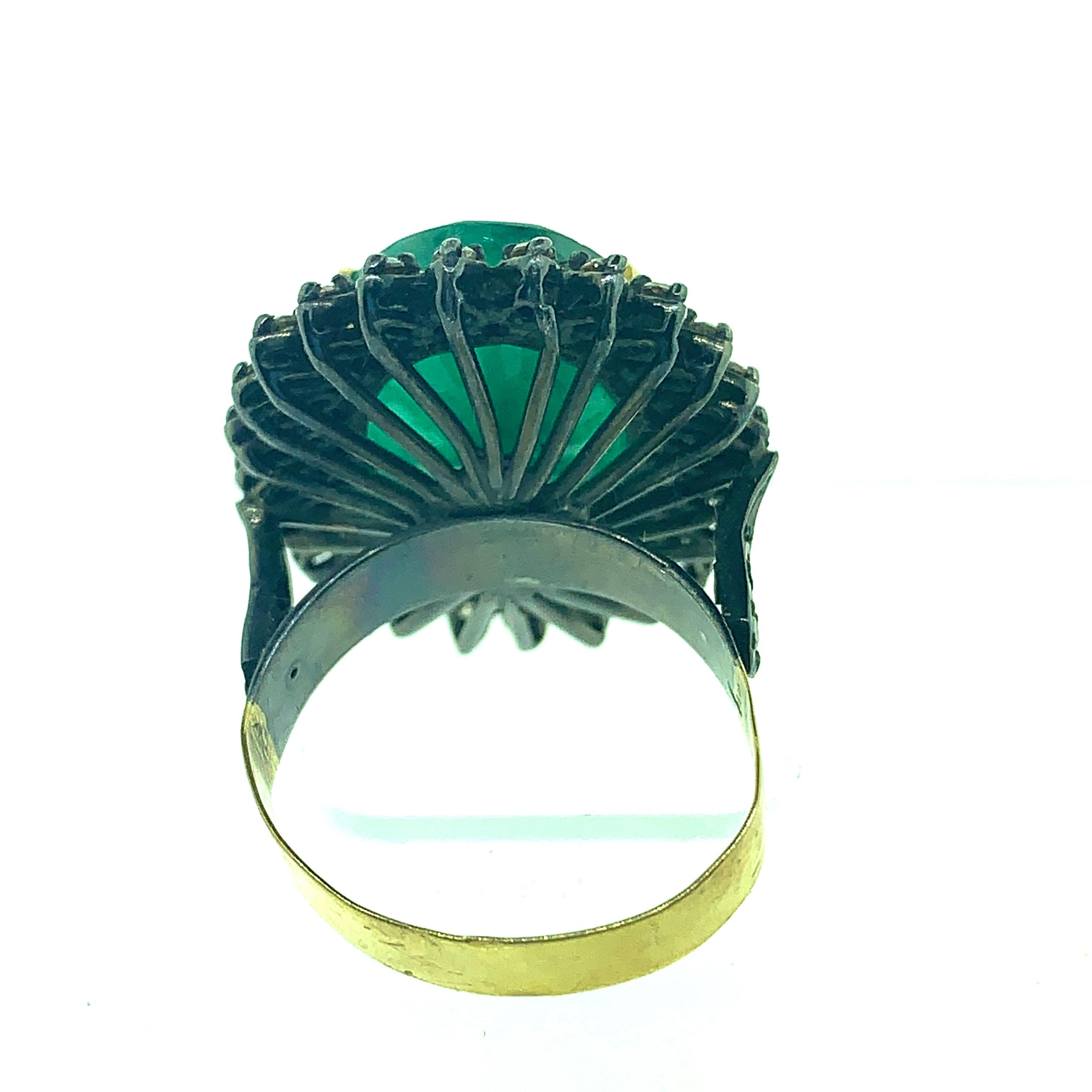 Oval Cut 13.50 Carat Emerald, Diamond Ring in Oxidized Sterling Silver, 18 Karat Gold For Sale