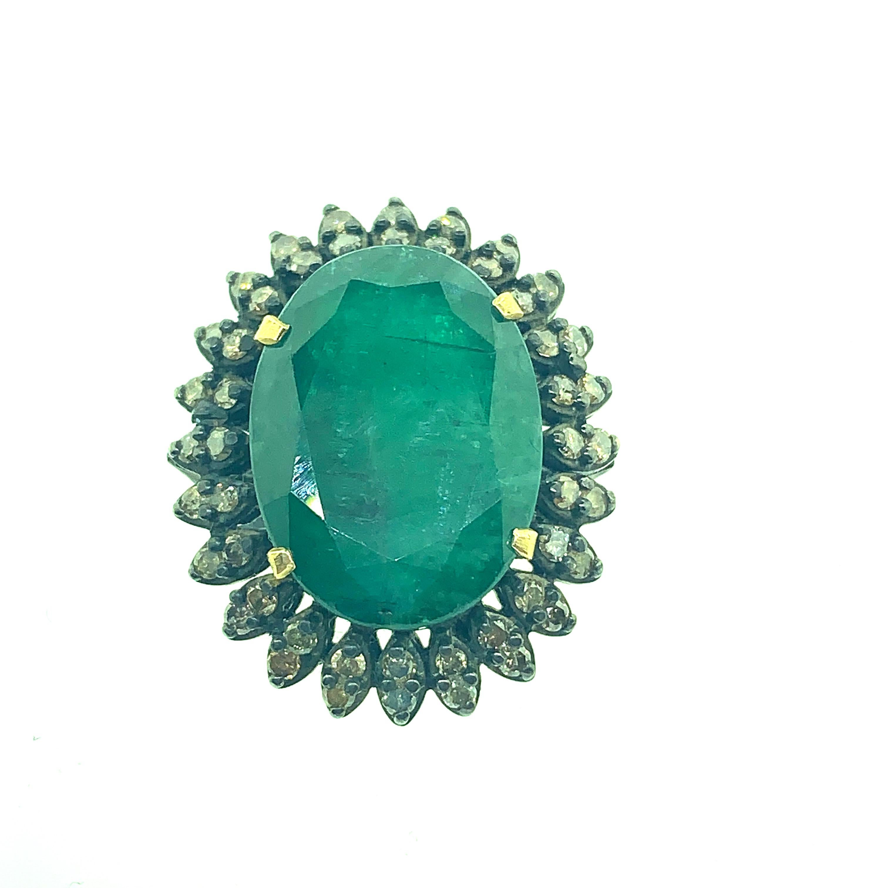 13.50 Carat Emerald, Diamond Ring in Oxidized Sterling Silver, 18 Karat Gold In New Condition For Sale In New York, NY