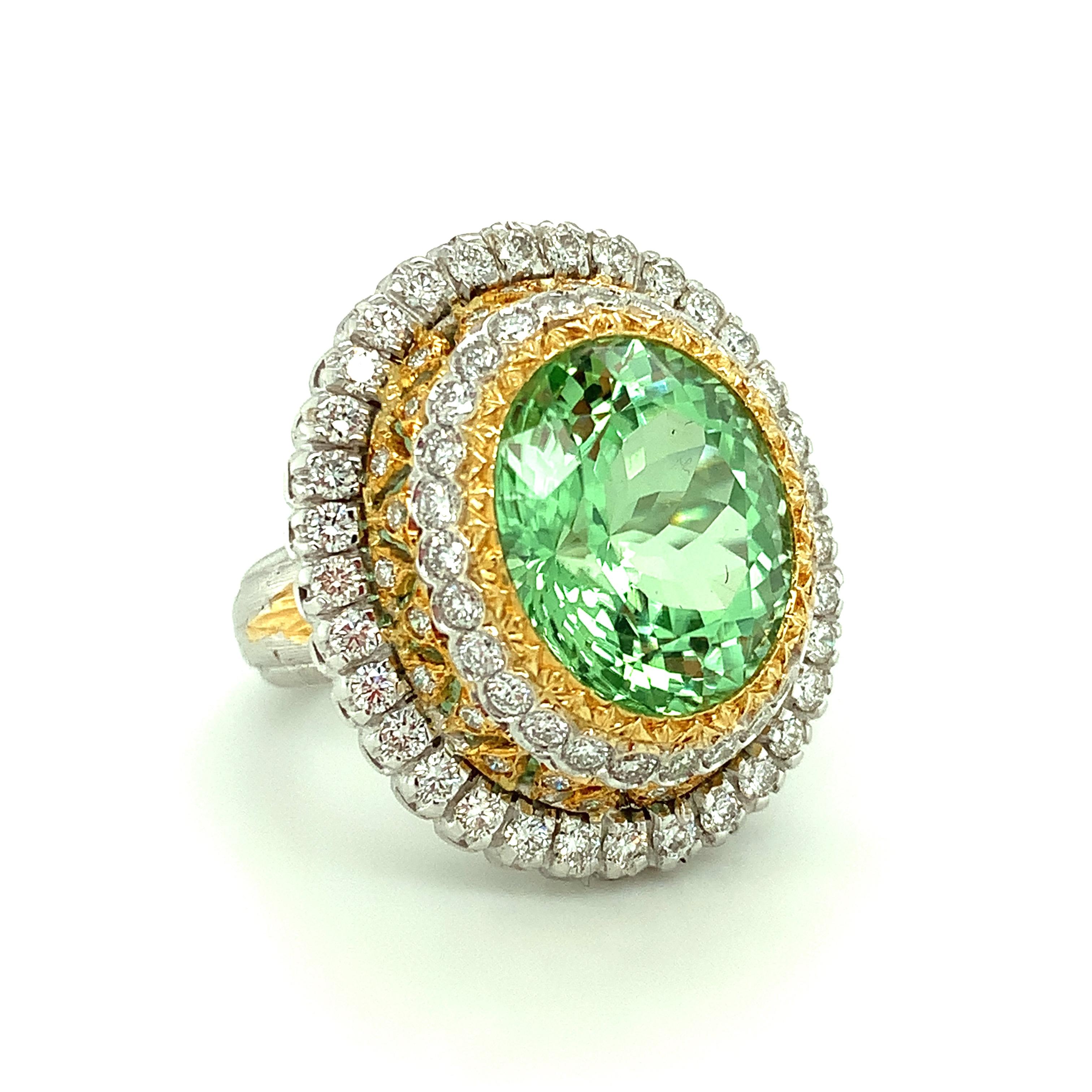 Artisan Mint Green Tourmaline Cocktail Ring, 13.52 Carats with Yellow & White Diamonds For Sale