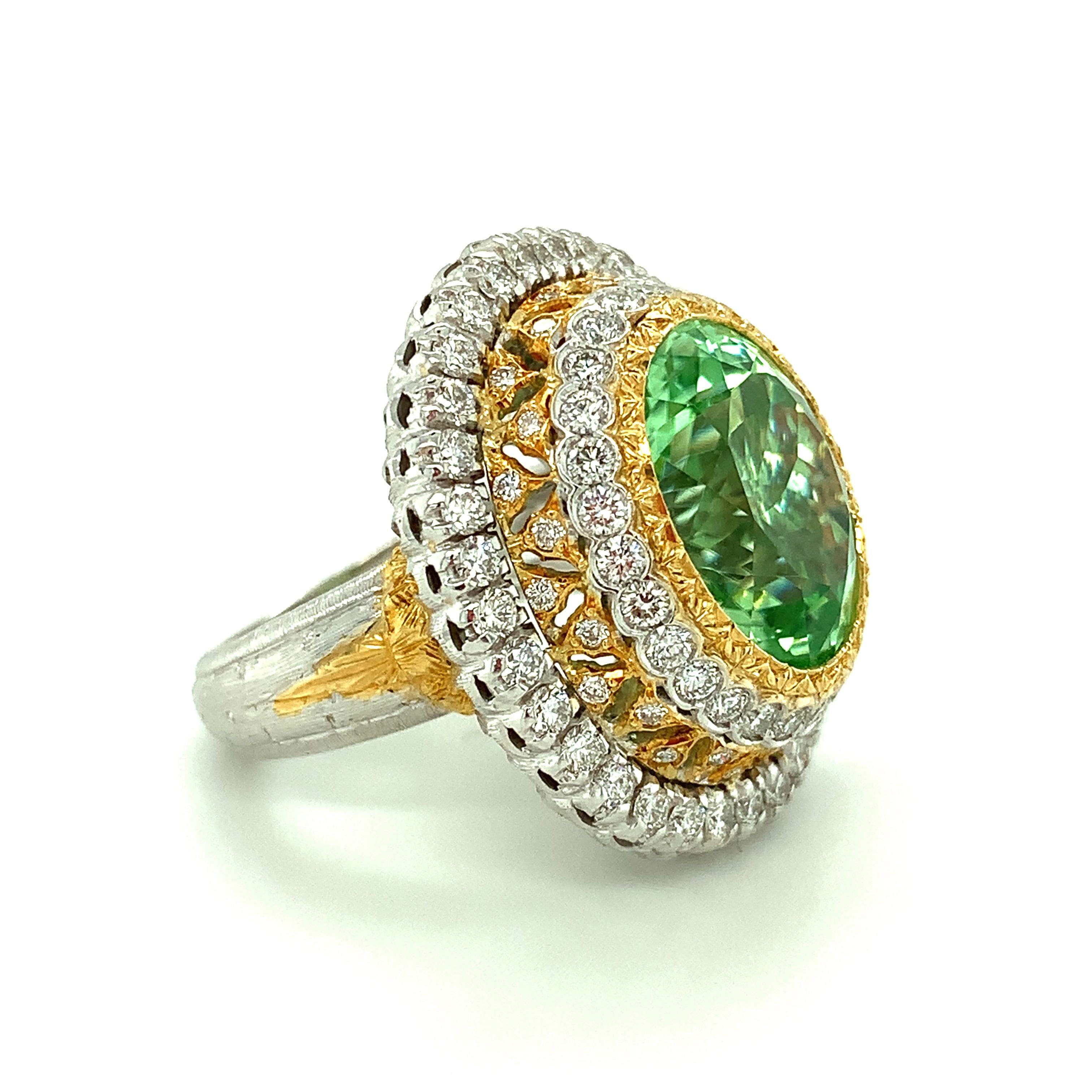 Oval Cut Mint Green Tourmaline Cocktail Ring, 13.52 Carats with Yellow & White Diamonds For Sale
