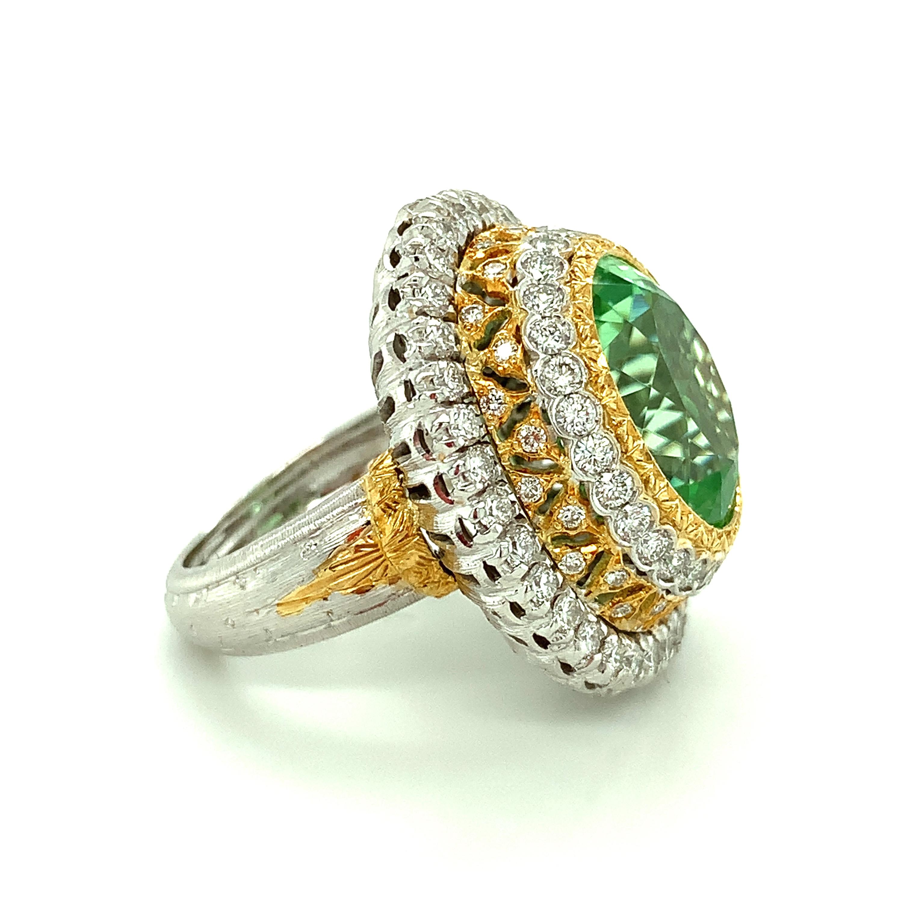 Mint Green Tourmaline Cocktail Ring, 13.52 Carats with Yellow & White Diamonds  In New Condition For Sale In Los Angeles, CA