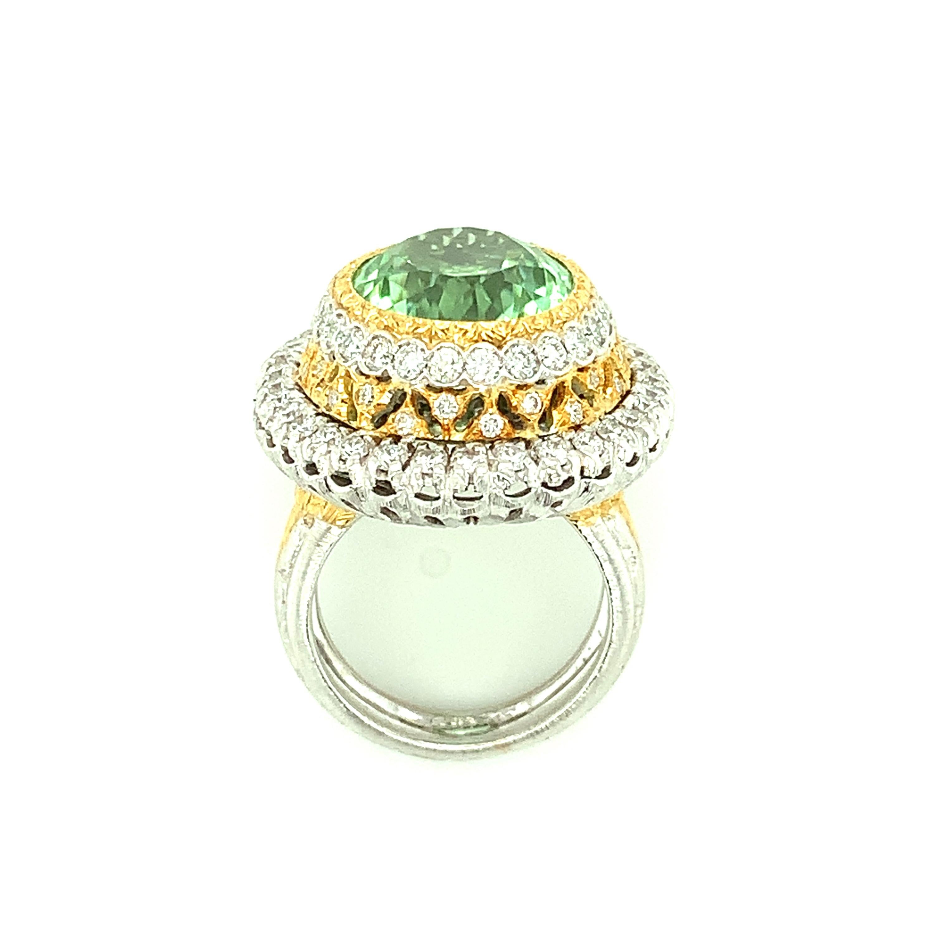 Mint Green Tourmaline Cocktail Ring, 13.52 Carats with Yellow & White Diamonds  For Sale 1