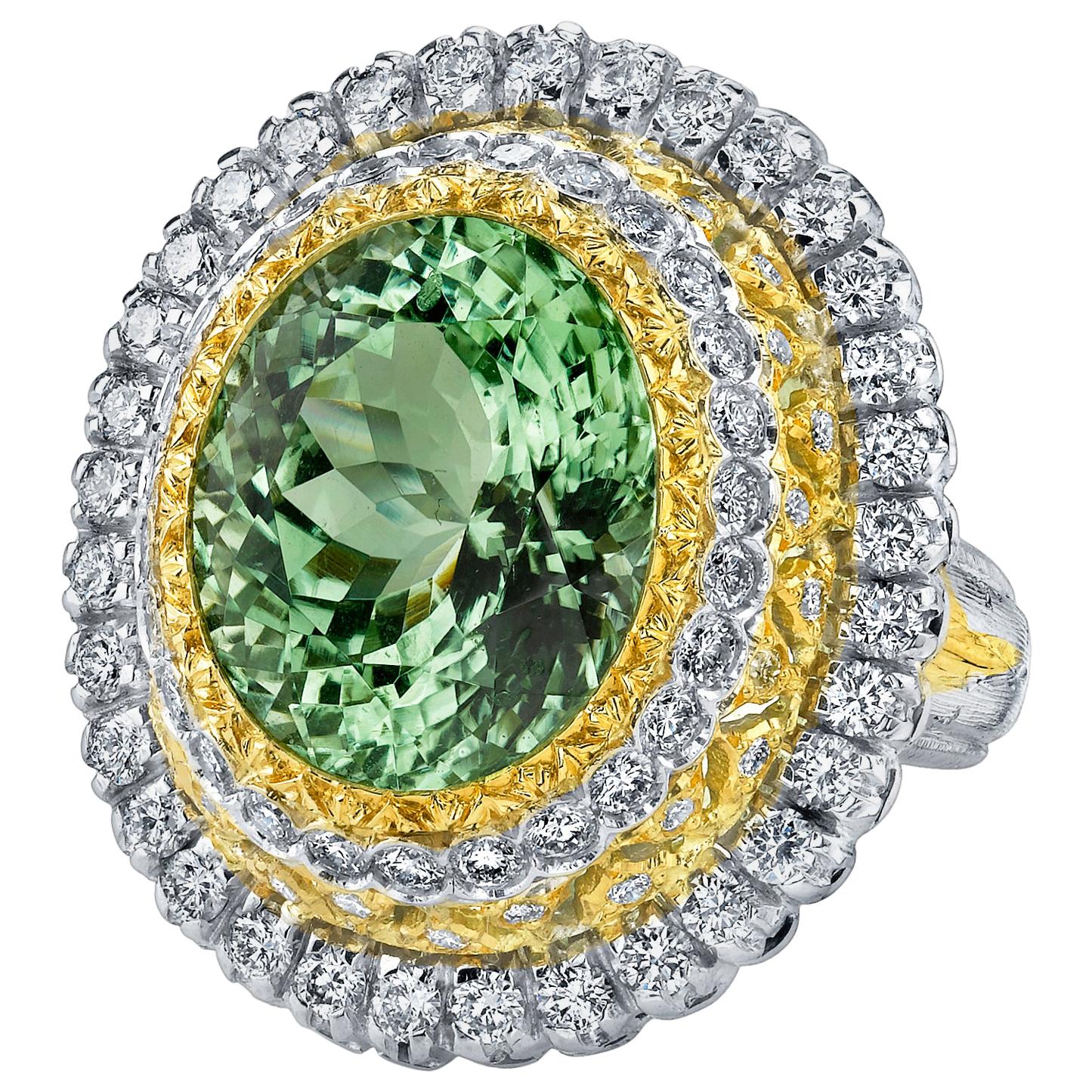Mint Green Tourmaline Cocktail Ring, 13.52 Carats with Yellow & White Diamonds For Sale