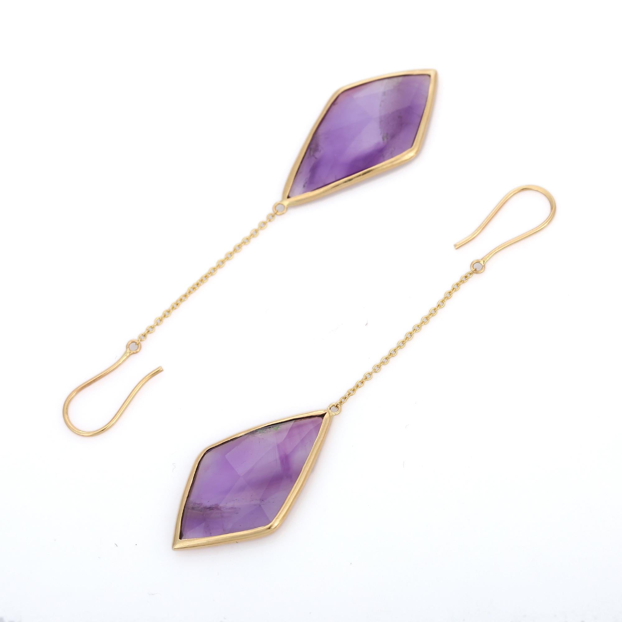 Amethyst Dangle earrings to make a statement with your look. These earrings create a sparkling, luxurious look featuring kite cut gemstone.
If you love to gravitate towards unique styles, this piece of jewelry is perfect for you.

PRODUCT DETAILS