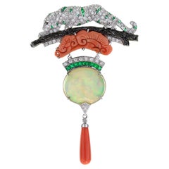 13.52 Ethiopian Opal and Coral Antique Style Panther Brooch in 18K White Gold