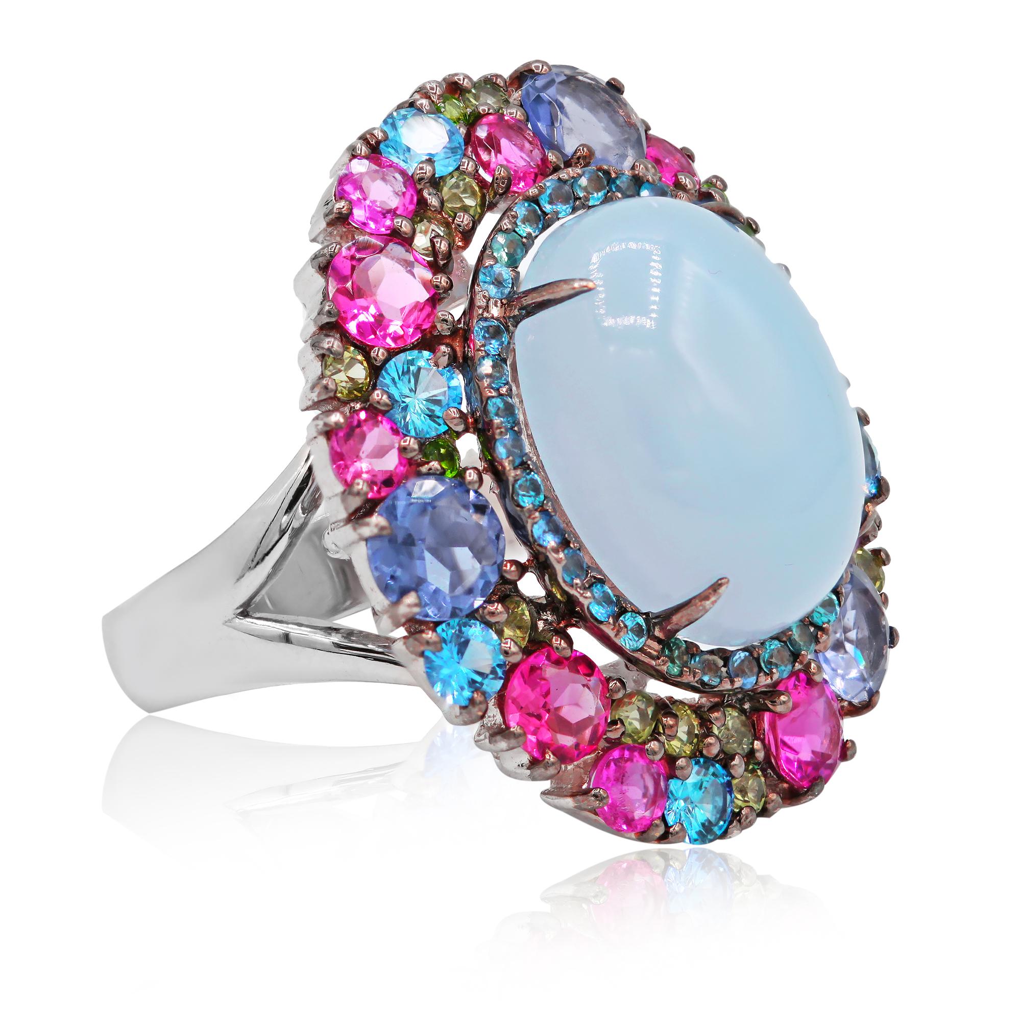 18K white gold ring features multicolored gemstones and oval shape Moonstone 13.53 cts