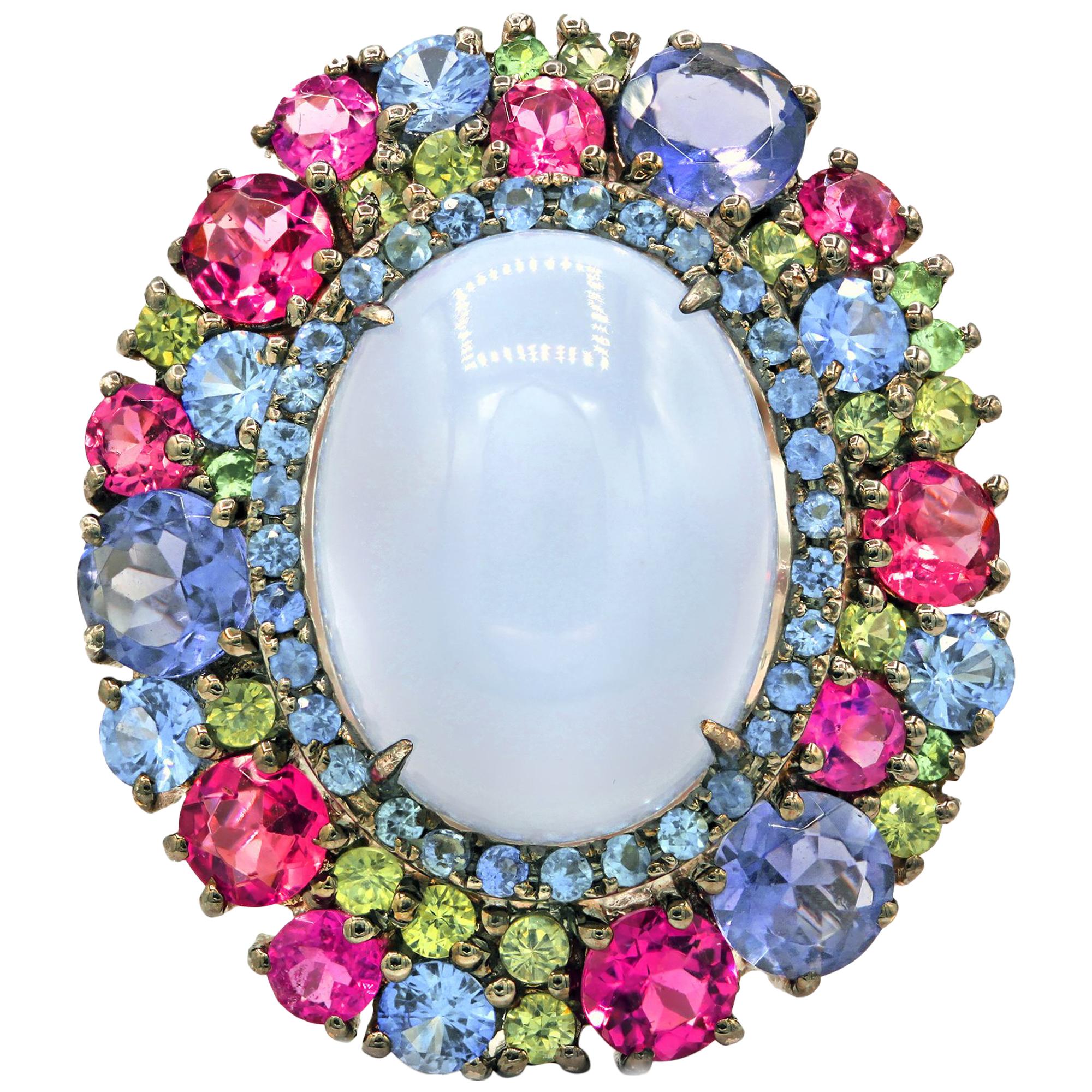 13.53 Carat Moonstone Multicolored Gemstones Ring  For Sale