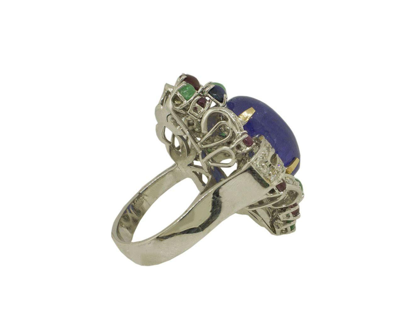 13.53 ct Tanzanite White Diamonds Rubies Sapphires Emeralds White Rose Gold Ring In Excellent Condition In Marcianise, Marcianise (CE)