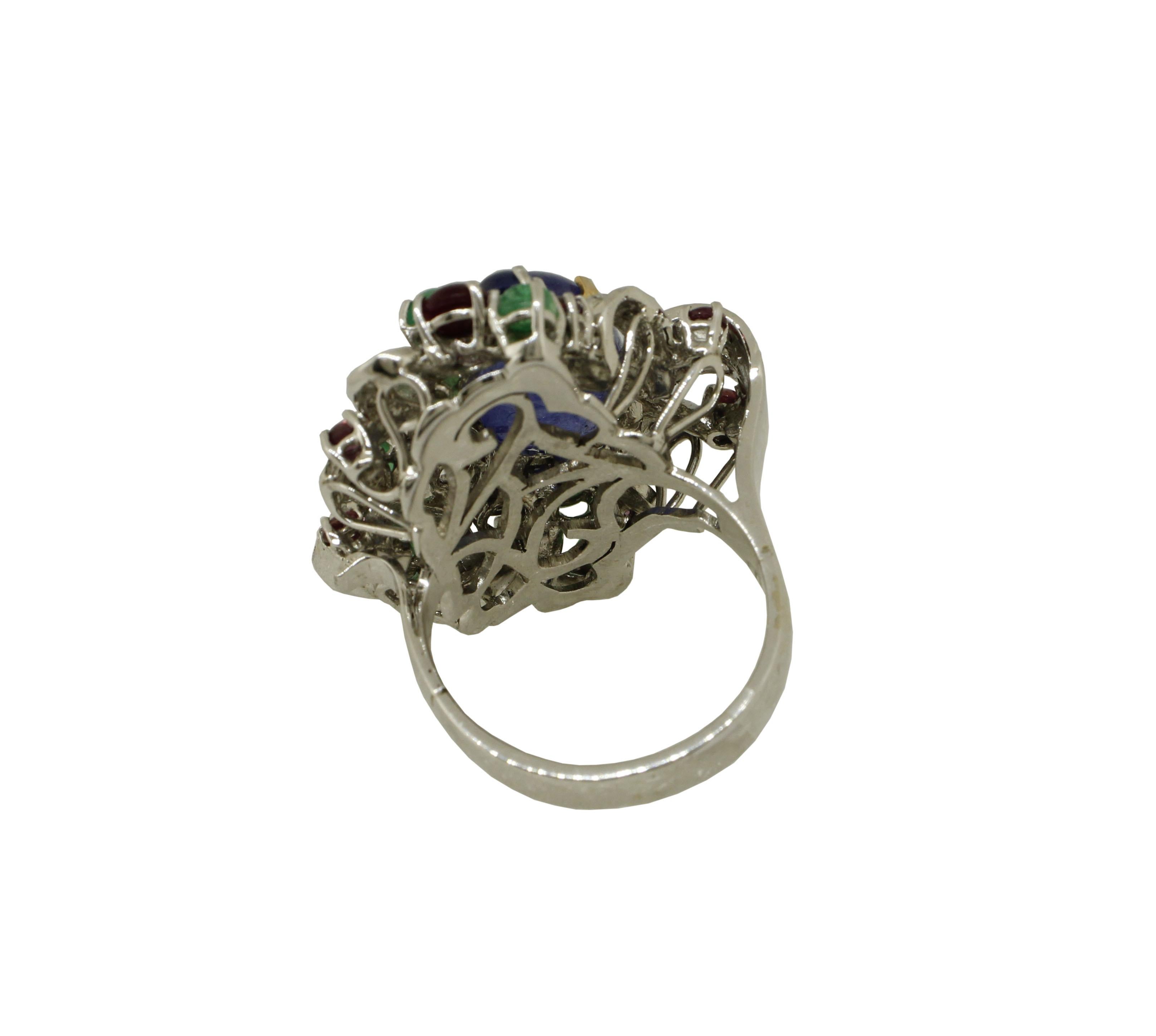 Women's 13.53 ct Tanzanite White Diamonds Rubies Sapphires Emeralds White Rose Gold Ring