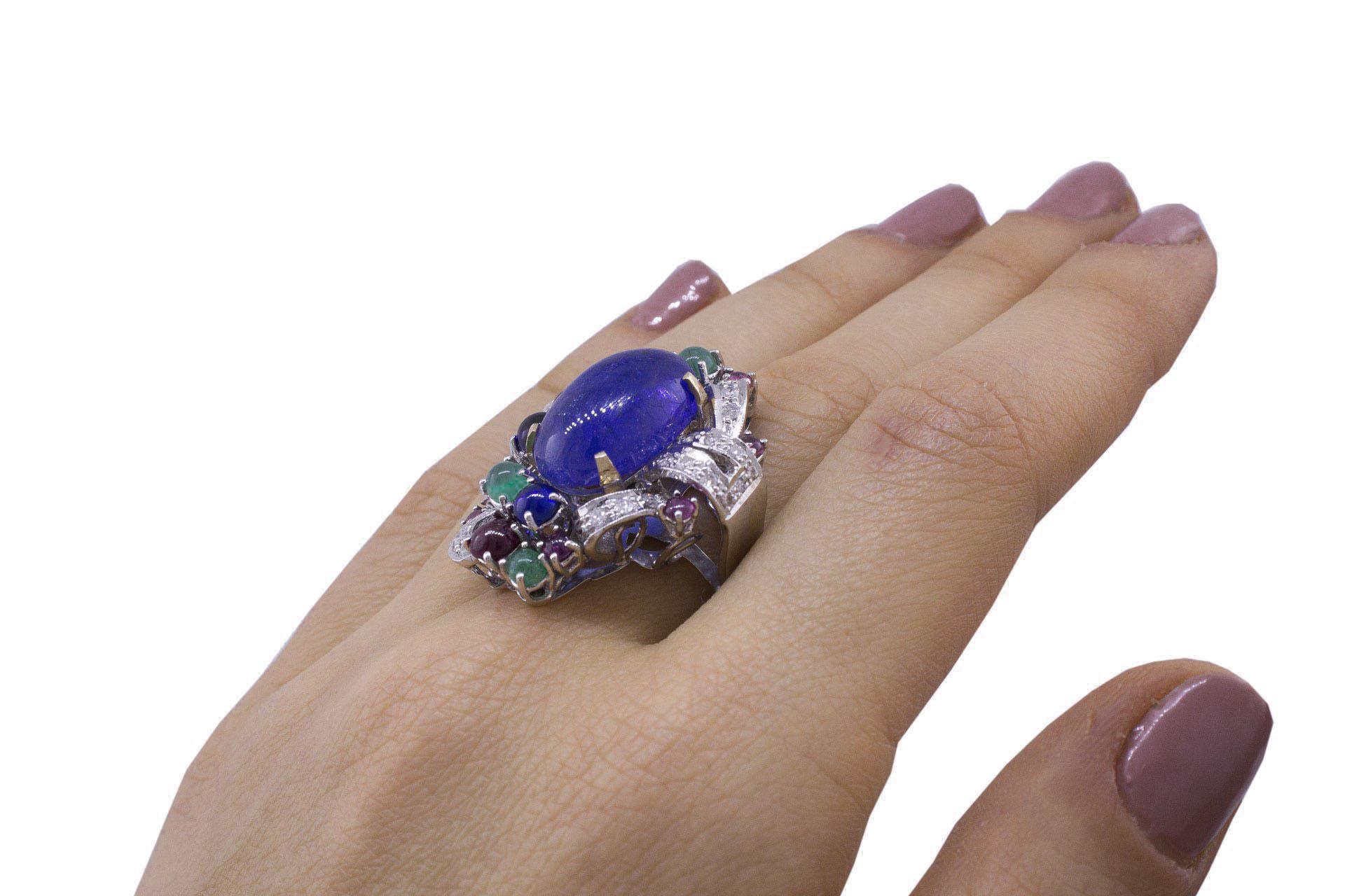 13.53 ct Tanzanite White Diamonds Rubies Sapphires Emeralds White Rose Gold Ring 3