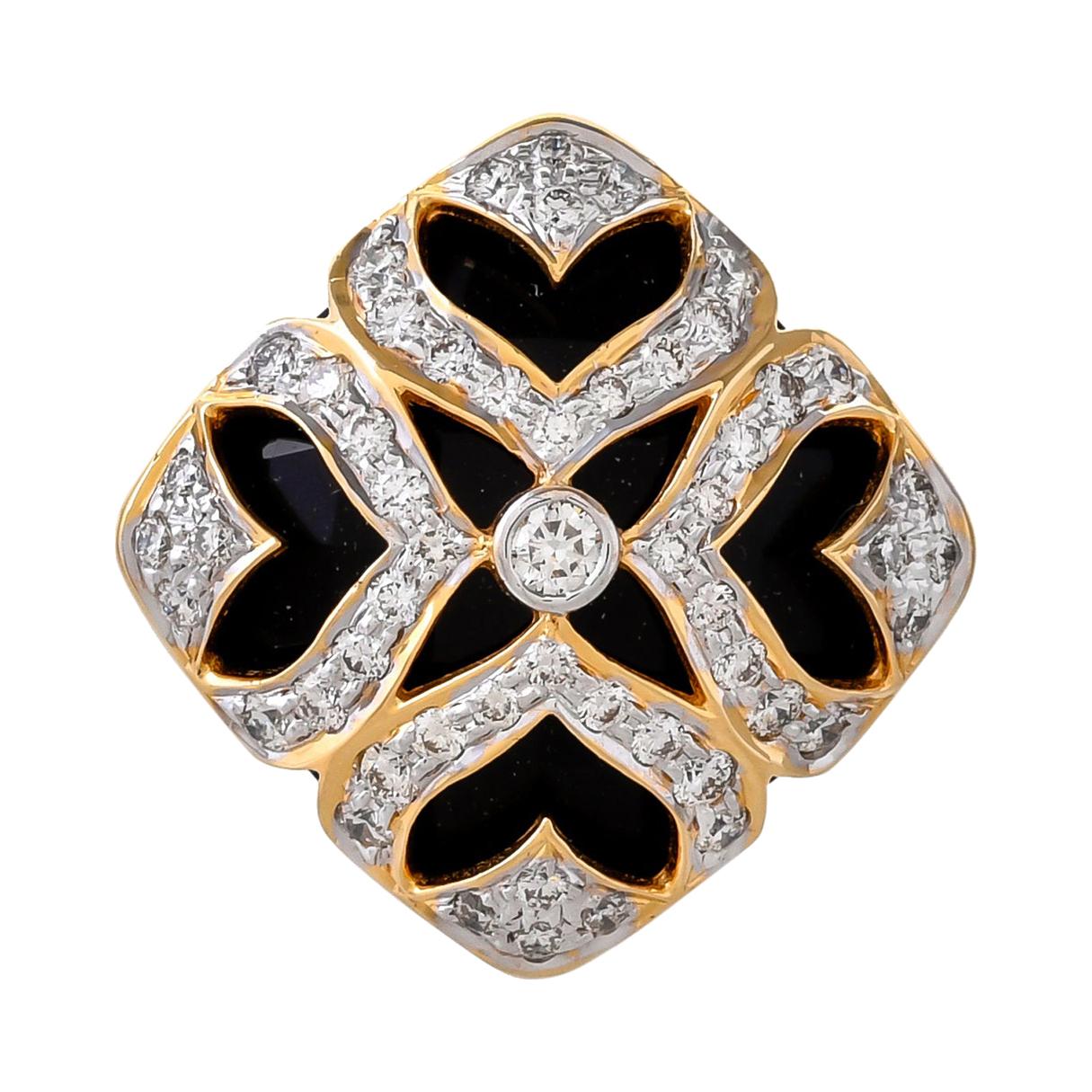 13.54 Carats Black Onyx Briolette and Diamond 18 Karat Yellow Gold Ring For Sale