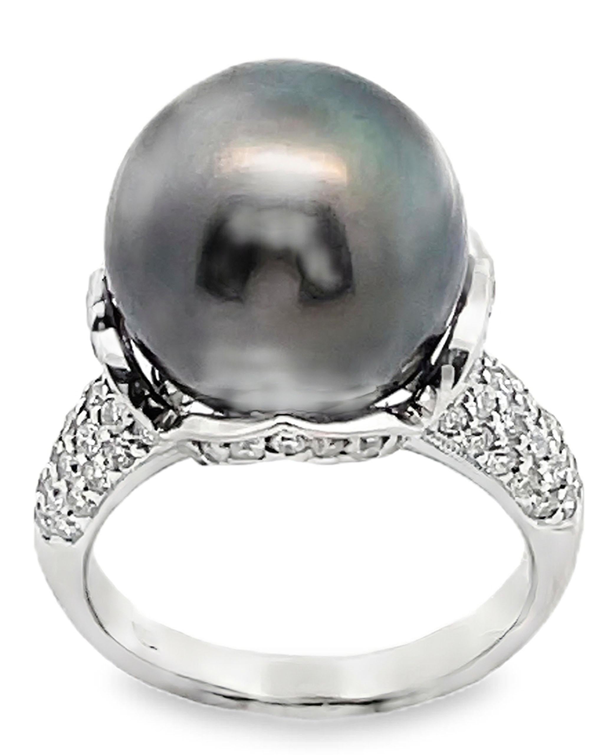 13,54 Millimeter Tahiti-Perle in 18K Weißgold Diamant-Ring (Zeitgenössisch) im Angebot