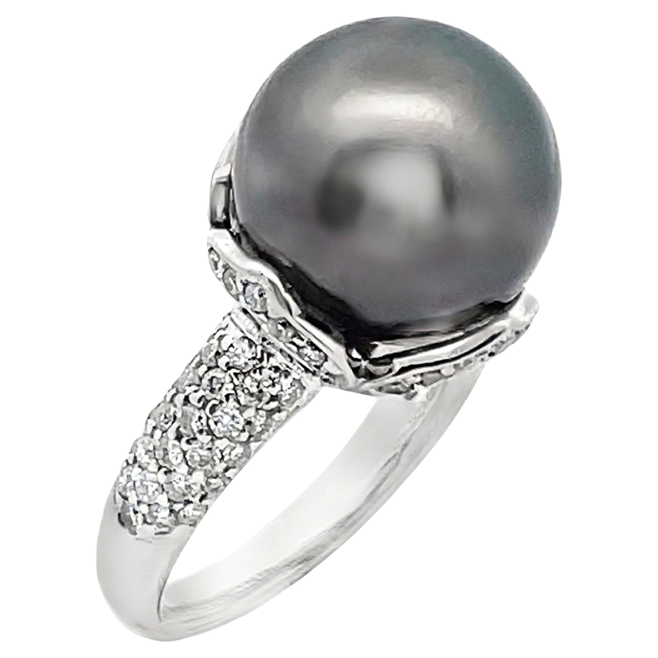 13,54 Millimeter Tahiti-Perle in 18K Weißgold Diamant-Ring