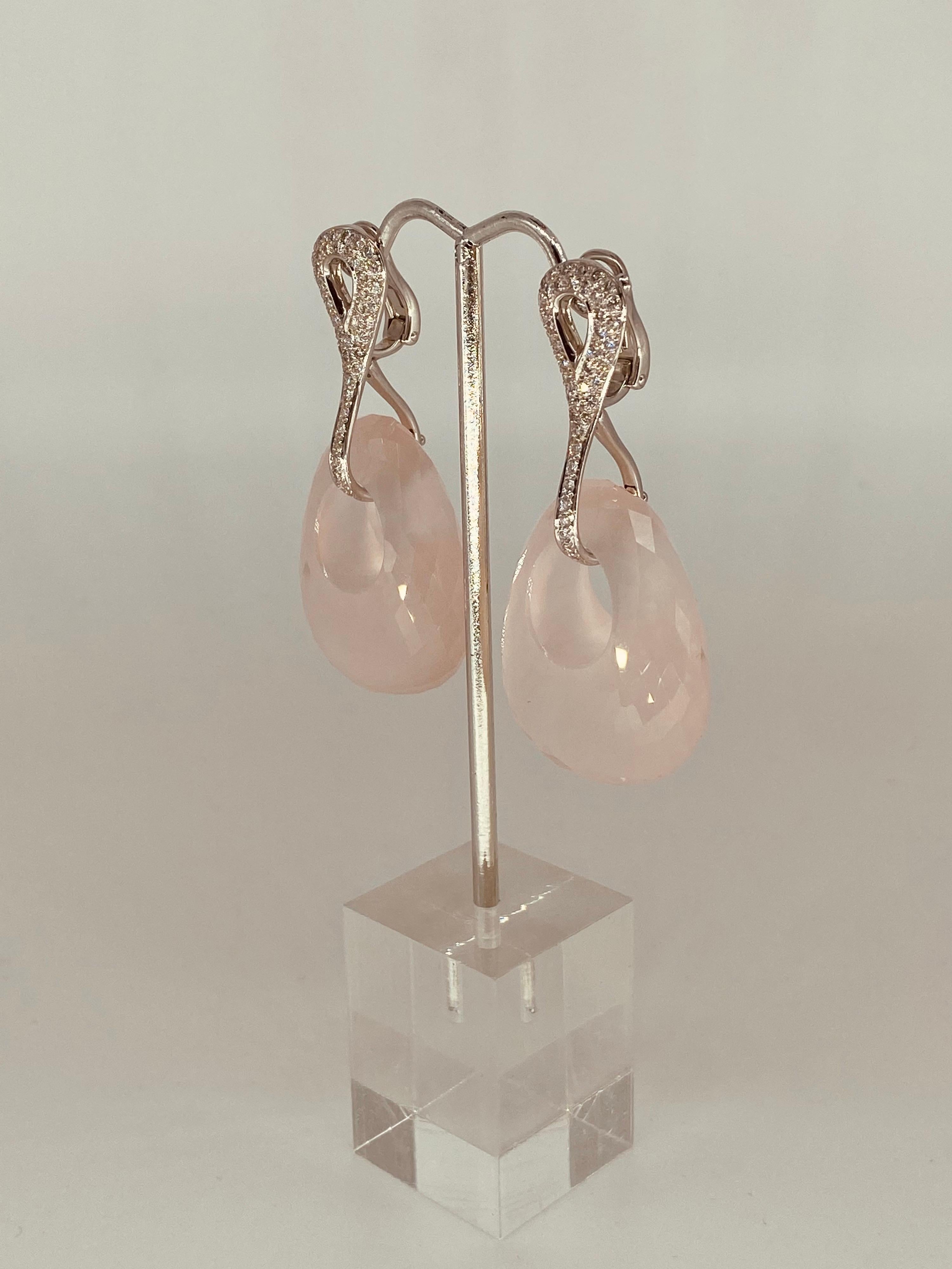 Oval Cut 135.5 Carat Oval Rose Quartz with White Diamonds Clip on Duo Earrings For Sale