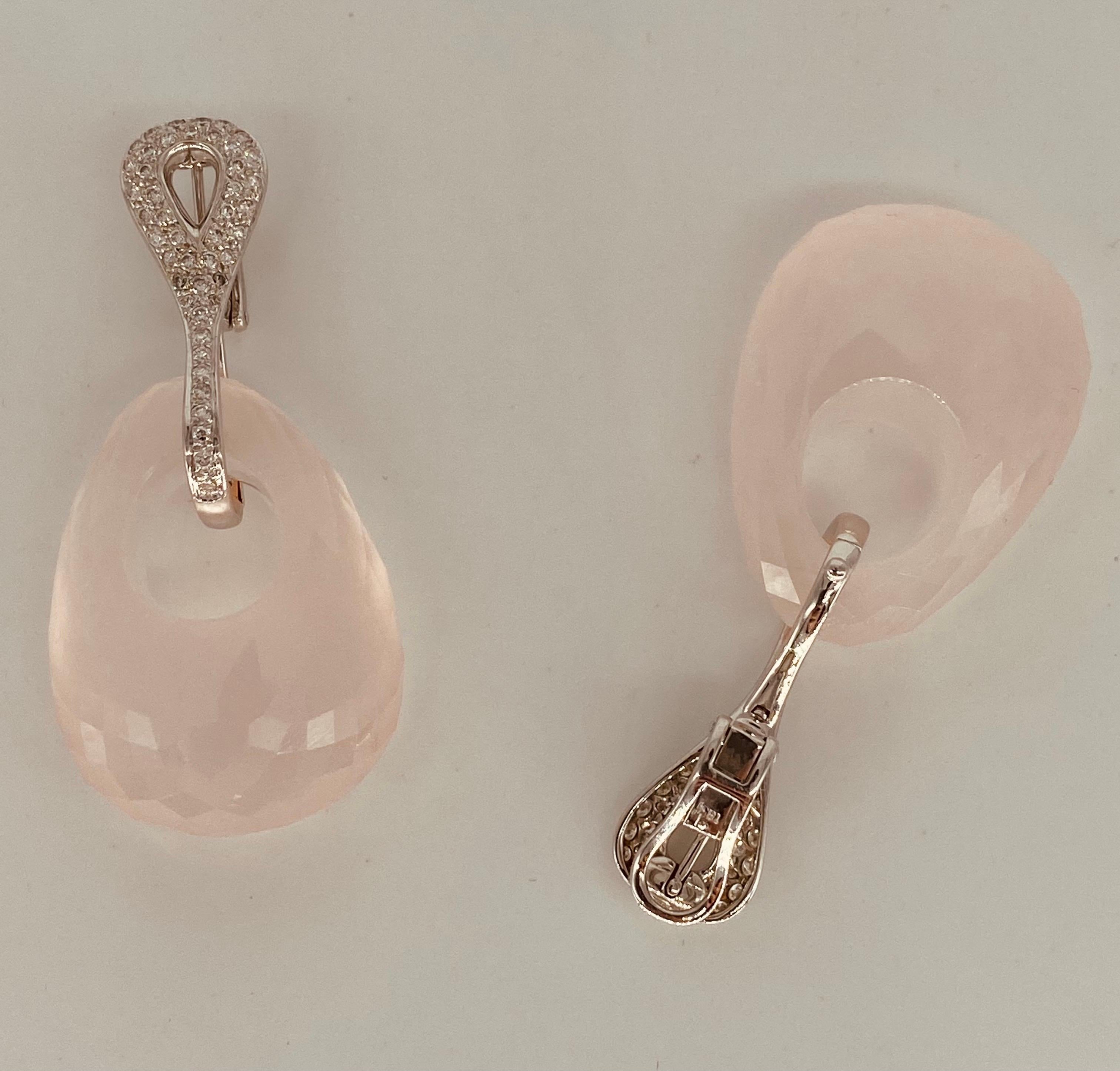Women's 135.5 Carat Oval Rose Quartz with White Diamonds Clip on Duo Earrings For Sale