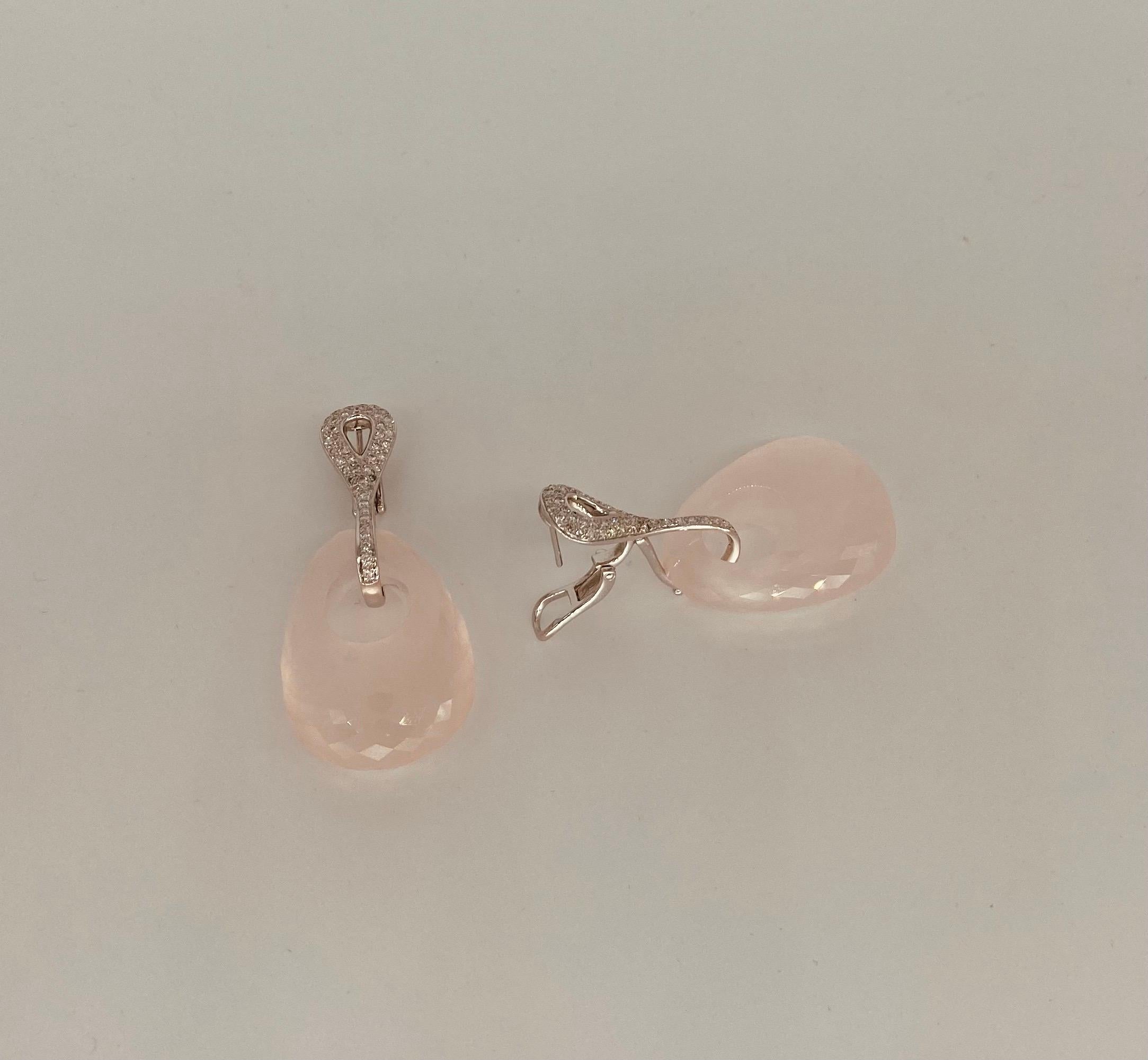 135.5 Carat Oval Rose Quartz with White Diamonds Clip on Duo Earrings For Sale 1