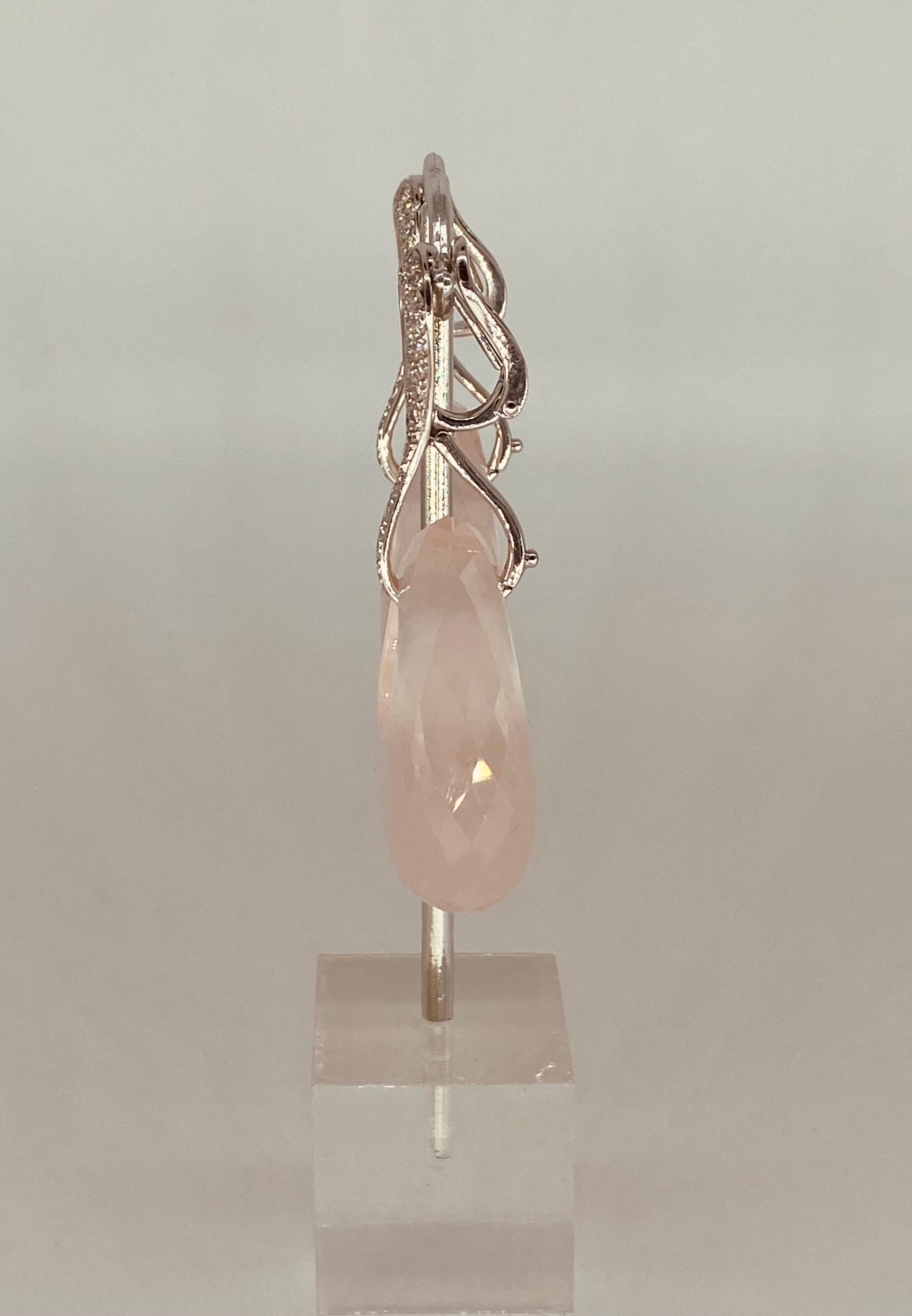 135.5 Carat Oval Rose Quartz with White Diamonds Clip on Duo Earrings For Sale 2