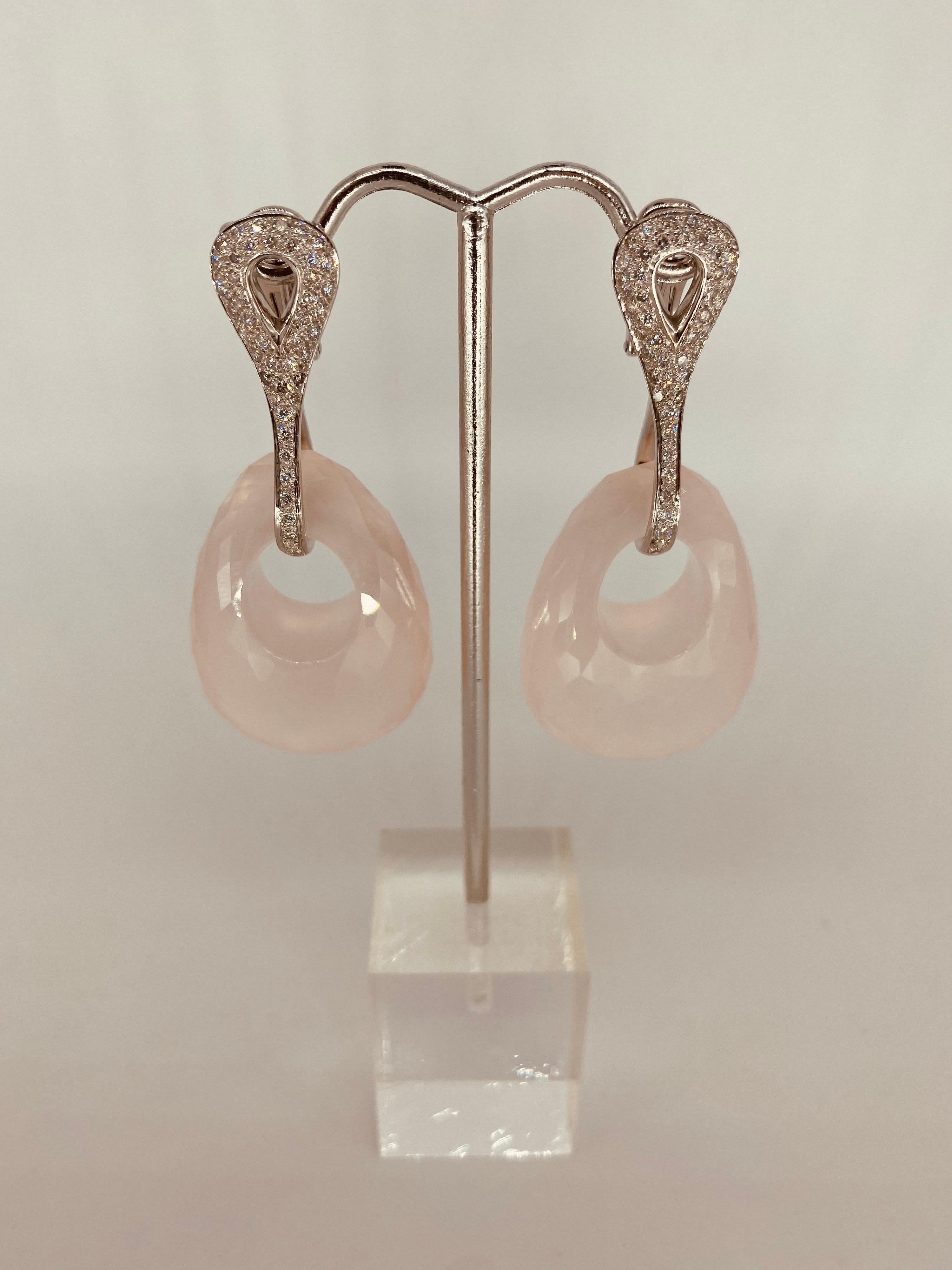 135.5 Carat Oval Rose Quartz with White Diamonds Clip on Duo Earrings For Sale 3