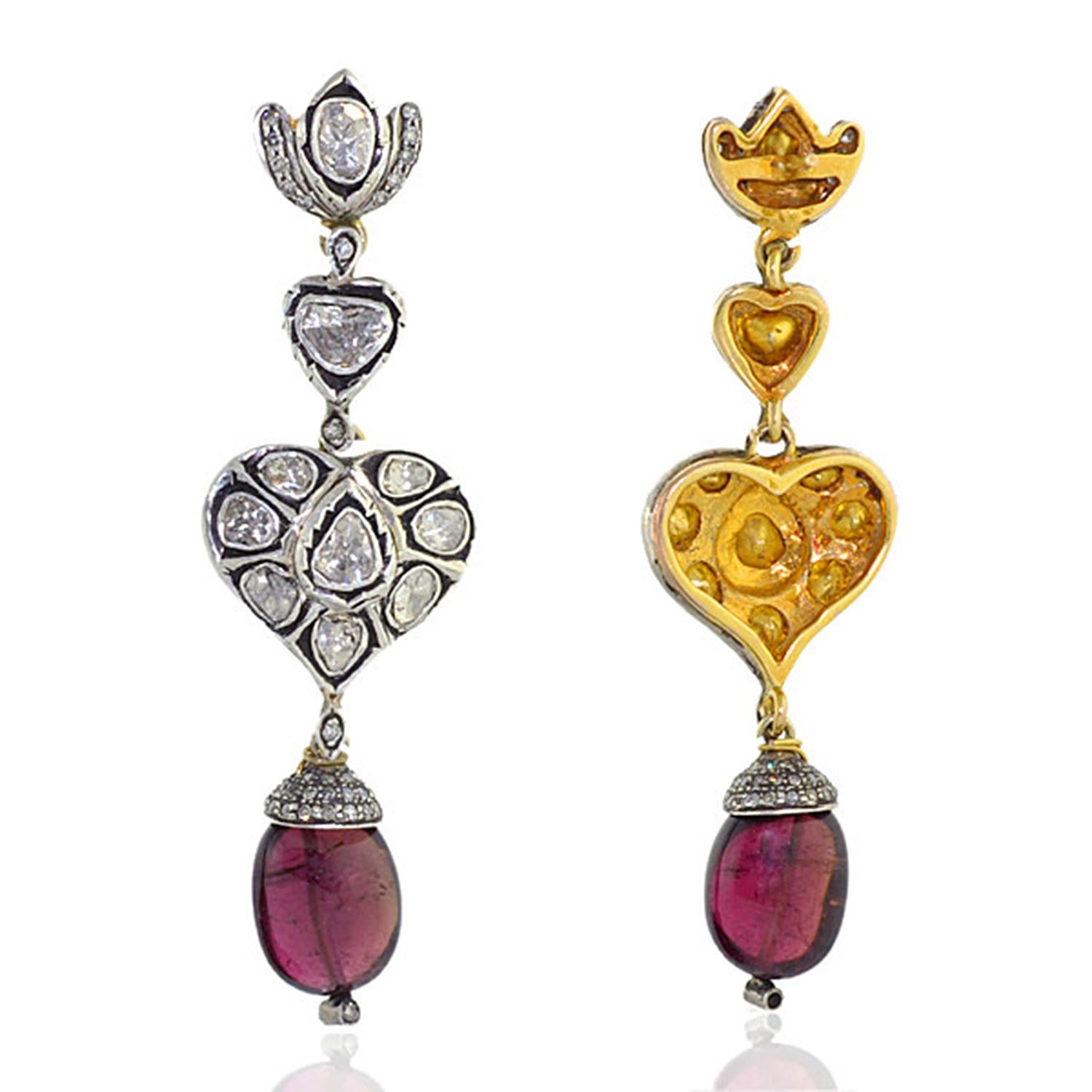 Modern 13.55 Carat Tourmaline Rosecut Diamond Earrings For Sale