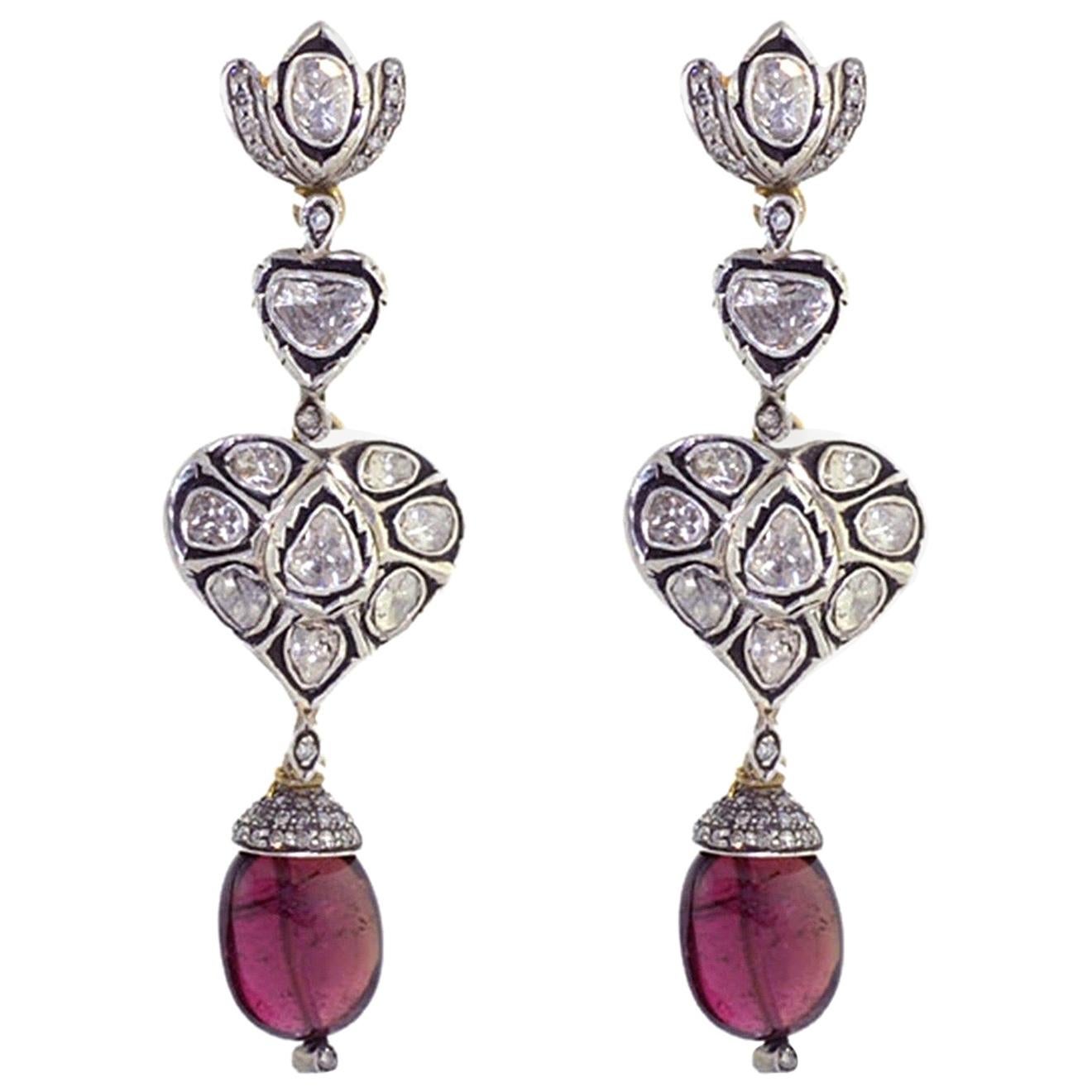 Boucles d'oreilles en diamants et tourmaline taille rose de 13,55 carats