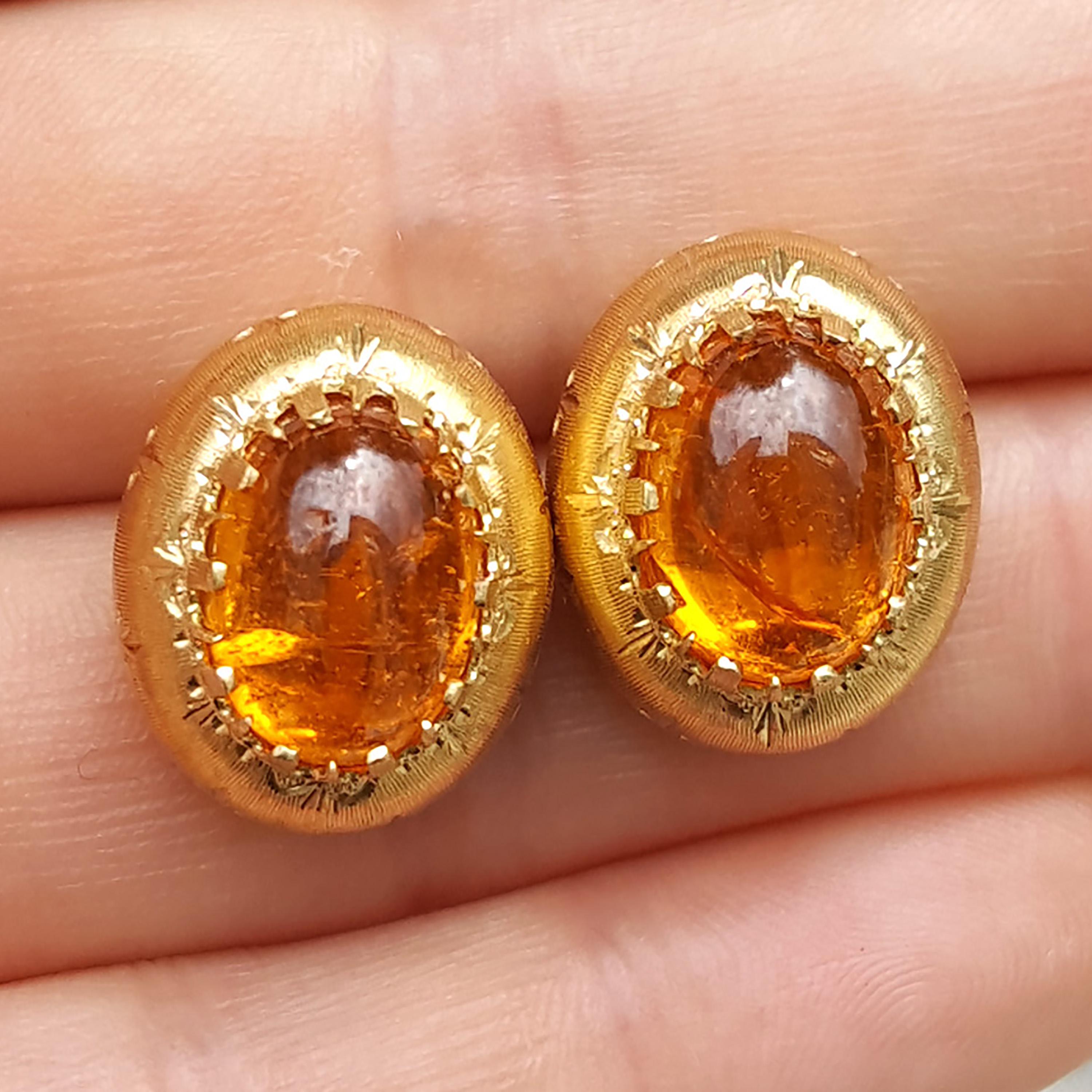 The Bianca Earrings make a lovely frame for any gem, and this version in large Mandarin cabochon are extraordinary.  These stones are significantly cleaner than one might expect in a large spessartite cabochon, and they show the bright 