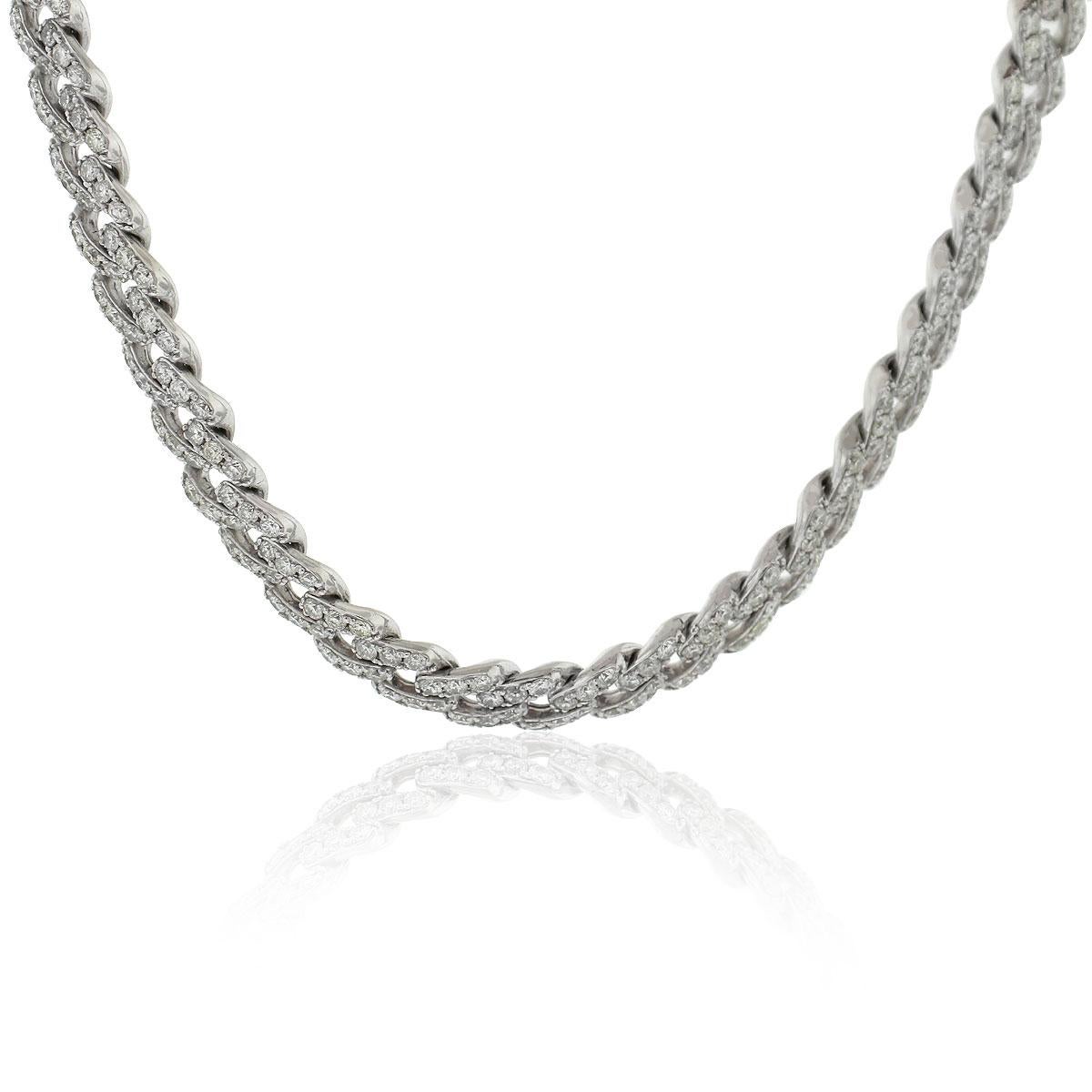 Style: 13.56 Carat Diamond Pave Cuban Link Chain Necklace 14 Karat
Material: 14k White Gold
Stone Details: Approx. 13.56ctw of round cut diamonds. Diamonds are G/H in color and VS in clarity
Weight: 78.5g (50.5dwt)
Measurements: 19