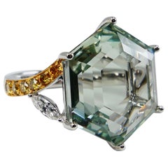 13.56 Carat Hex Cut Green Amethyst, Fancy Vivid Yellow and Diamond Cocktail Ring