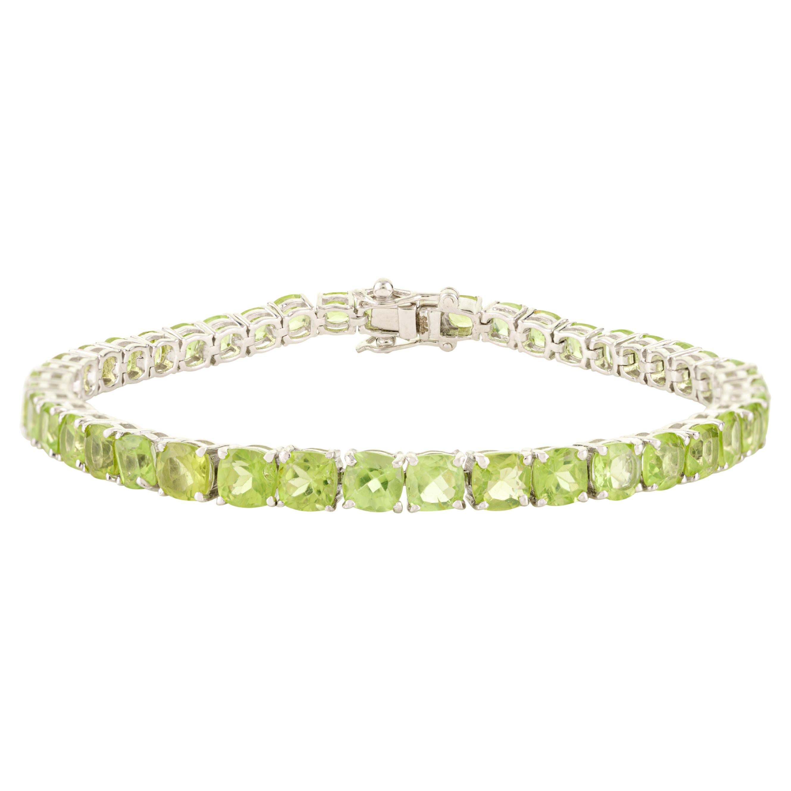 13.56 CTW Luxury Peridot Fine Gemstone Tennis Bracelet in Silver Jewelry Gift