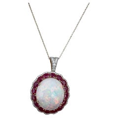 13.57 Carat Oval Cut Opal Ruby Diamond Pendant Necklace