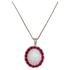 13.57 Carat Oval Cut Opal Ruby Diamond Pendant Necklace