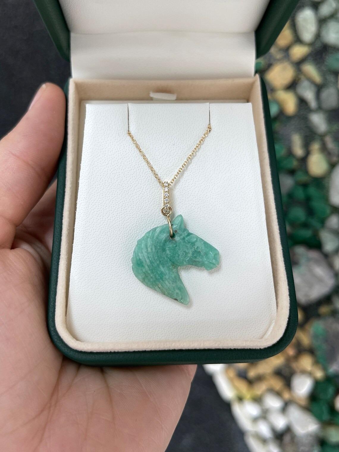 Uncut 13.57ct 14K Hand Carved Natural Colombian Emerald Rough Horse Pendant Necklace For Sale