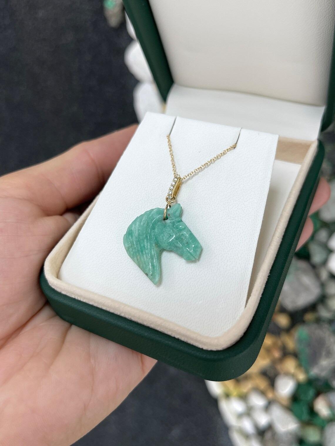 13.57ct 14K Hand Carved Natural Colombian Emerald Rough Horse Pendant Necklace In New Condition For Sale In Jupiter, FL