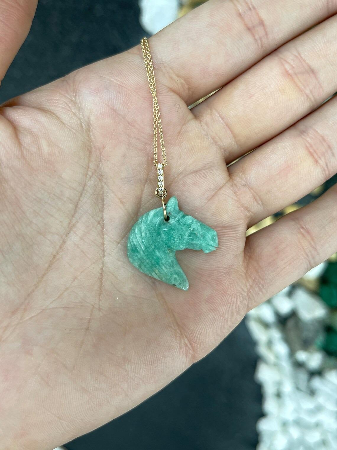 Uncut 13.57ct 14K Hand Carved Natural Colombian Emerald Rough Horse Pendant Necklace For Sale