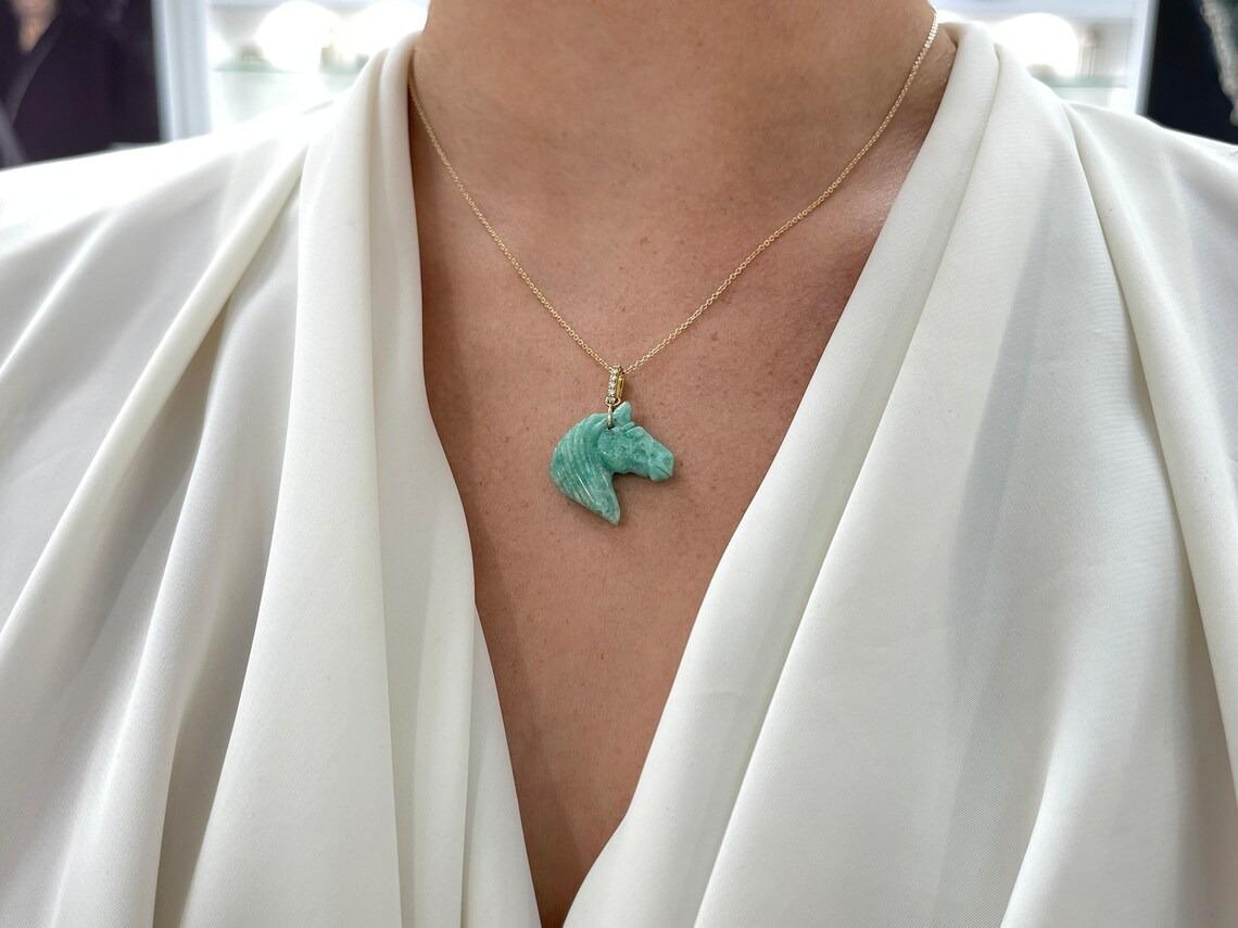Women's 13.57ct 14K Hand Carved Natural Colombian Emerald Rough Horse Pendant Necklace For Sale