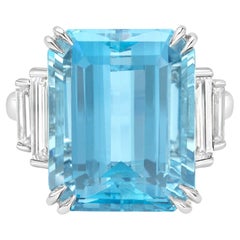 Roman Malakov 13.58 Carats Emerald Cut Aquamarine & Diamond Five-Stone Ring
