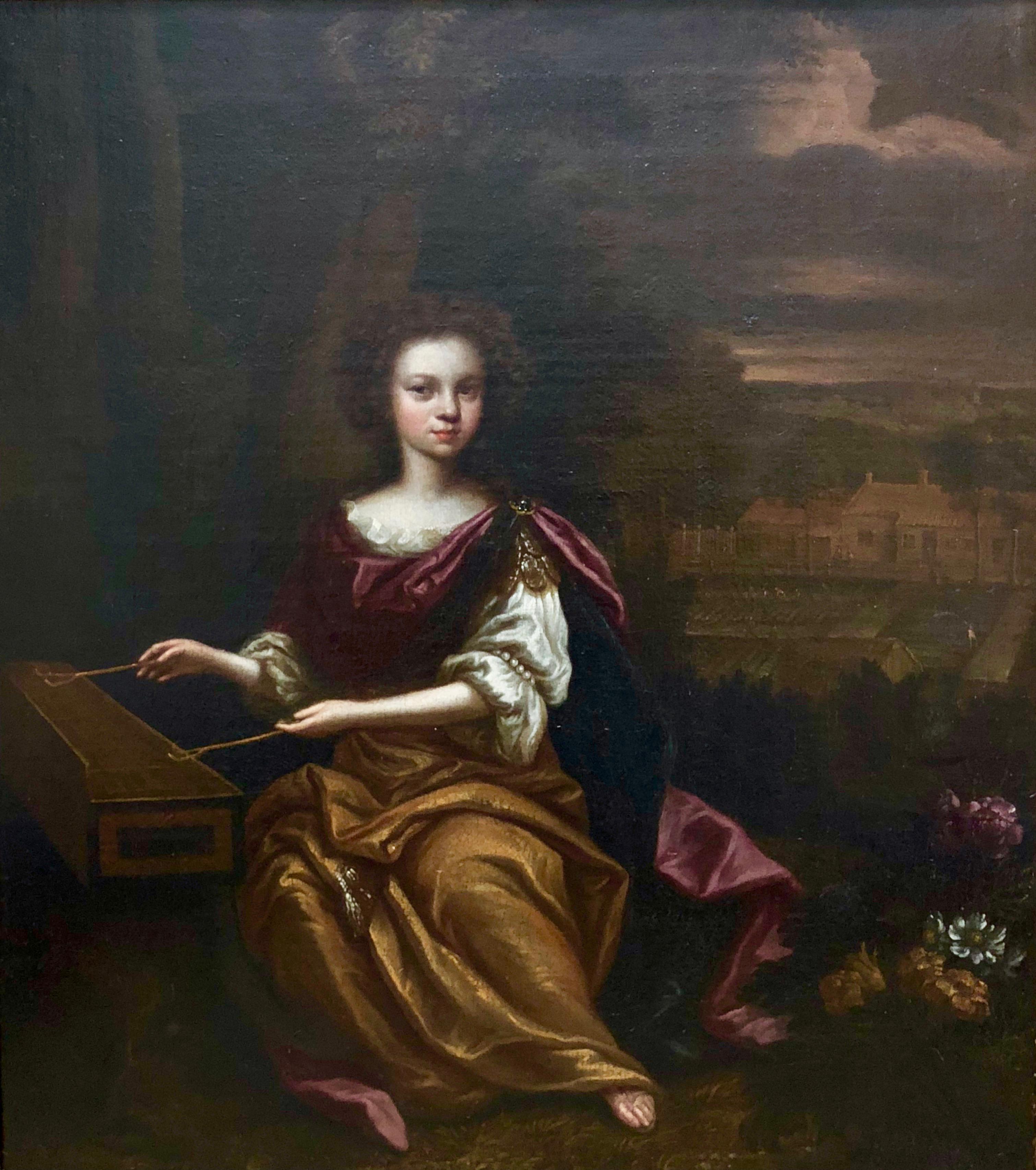 Portrait of a Young Lady Playing the Dulcimer. Circle of Caspar Netscher (1639-1684)

Highly desirable 17th century portrait of a young girl, perched, full length, upon a flower strewn bank. Her eyes to front, she wears a loose yellow silk dress and