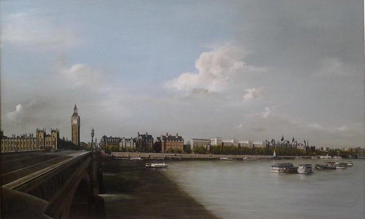 THOMAS EASLEY Landscape Painting - HOUSES OF PARLIAMENT VIEWED FROM SOUTH BANK  LONDON - LANDSCAPE PAINTING