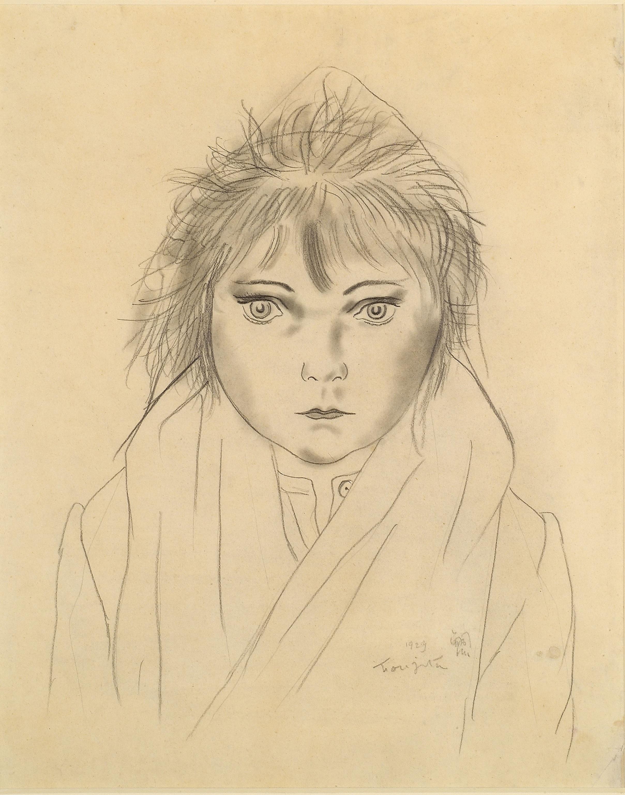 Fillette au capuchon - Modern, Portrait, Work on Paper, Early 20th Century - Art by Leonard Tsuguharu Foujita