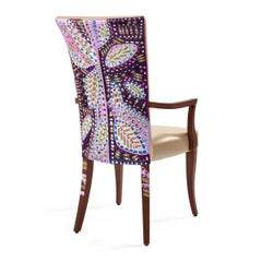 Individual dining chair, cream leather seat, bespoke Art on back, interior