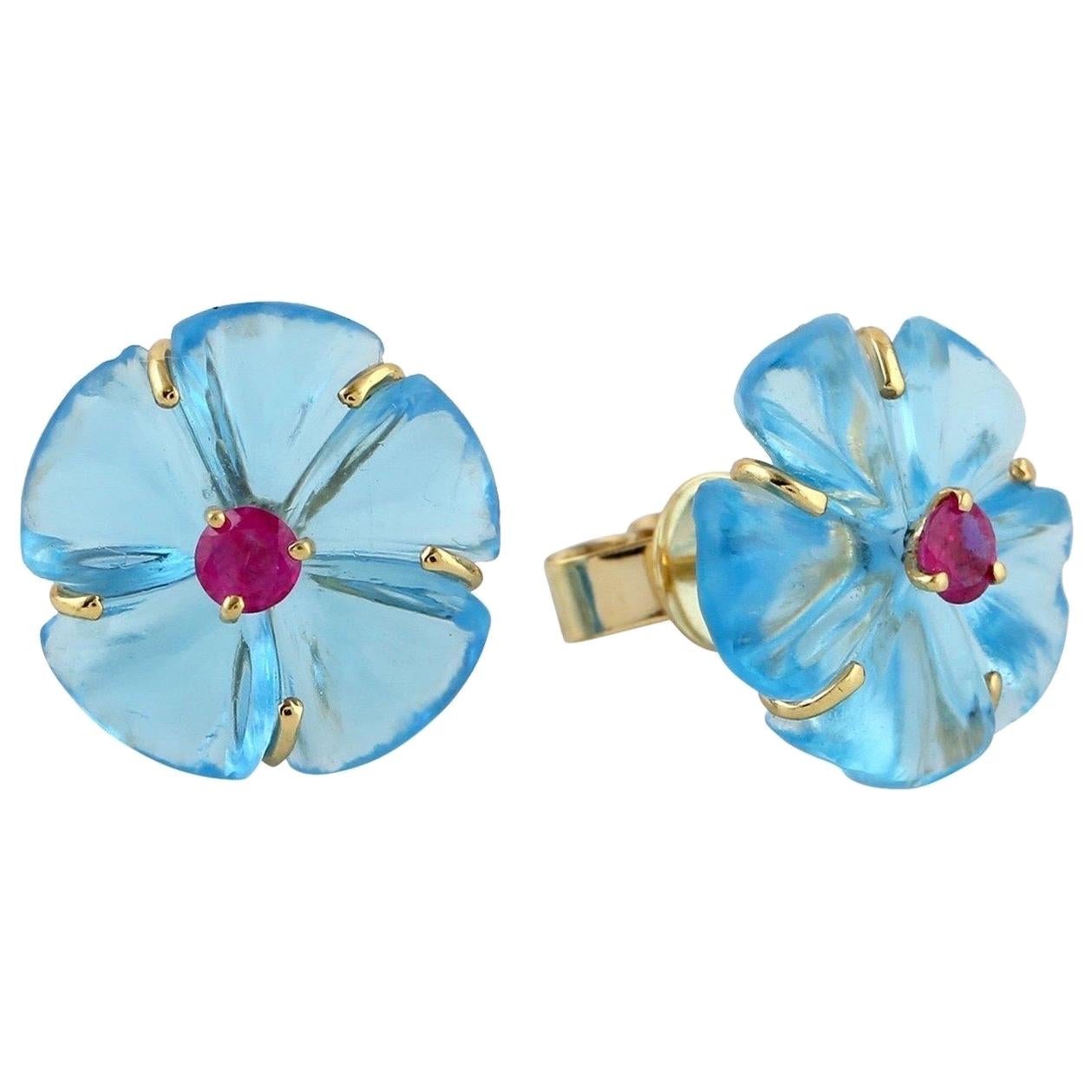 13.59 Carat Carved Topaz Ruby Diamond Flower Stud Earrings For Sale