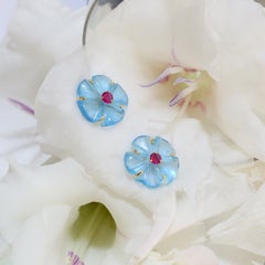 13.59 Carat Carved Topaz Ruby Diamond Flower Stud Earrings