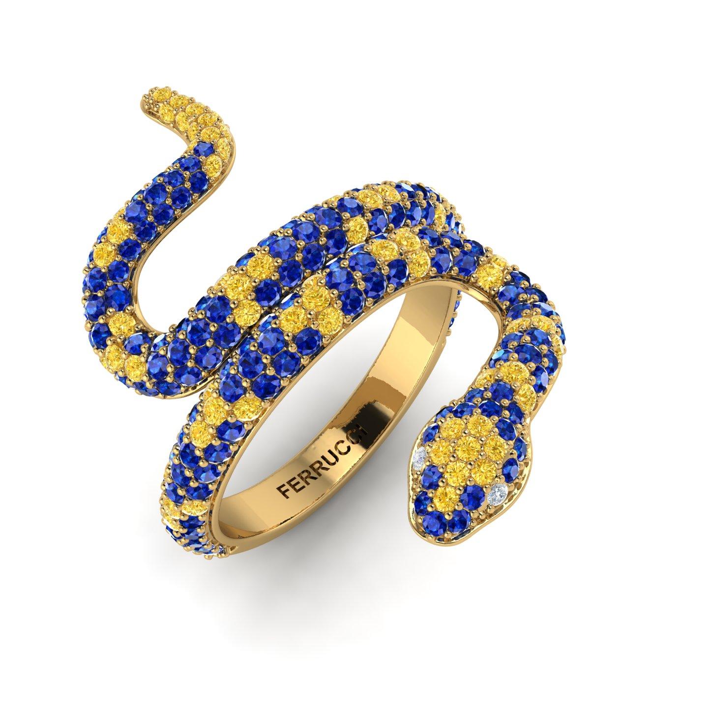 Bague en or jaune 14k avec saphirs bleus Pave' Snake, avec saphirs jaunes, choisis à la main, totalisant environ 1,35 carats, réalisée en or jaune 14k pour aider le design mince à avoir plus de robustesse, avec des diamants blancs en guise