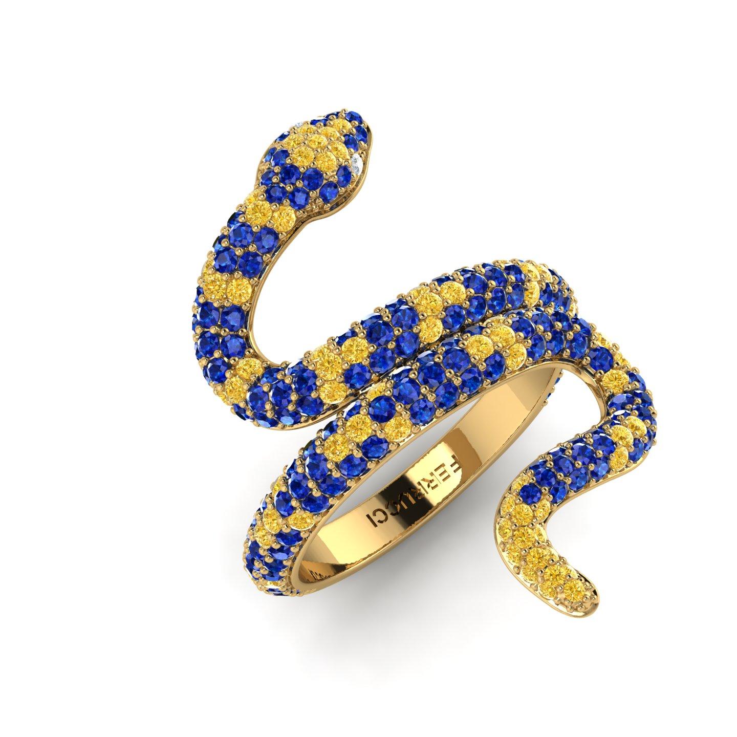 Moderne Bague en or jaune 14 carats avec saphirs bleus et jaunes et diamants serpents pavés de 1,35 carat en vente