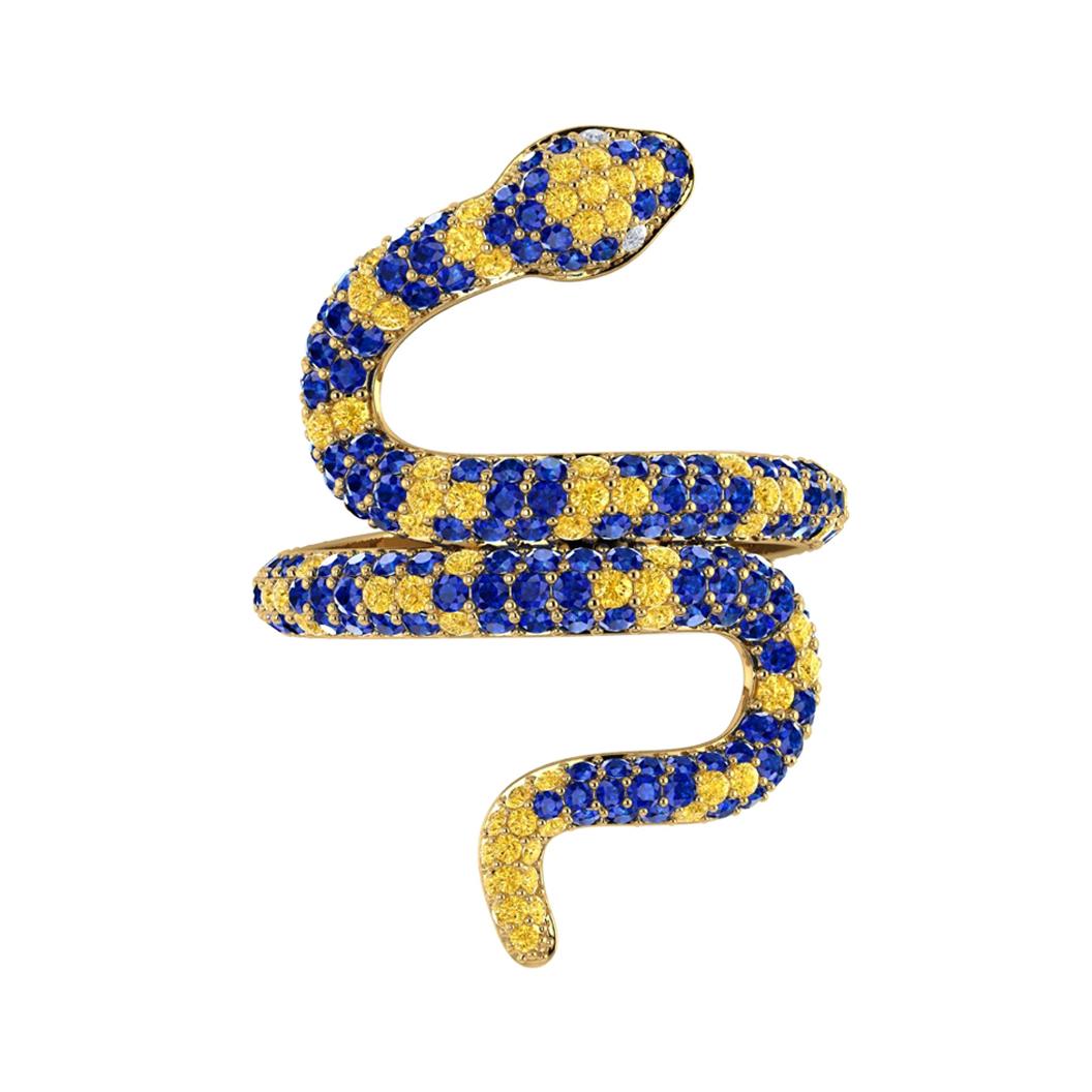 Bague en or jaune 14 carats avec saphirs bleus et jaunes et diamants serpents pavés de 1,35 carat en vente
