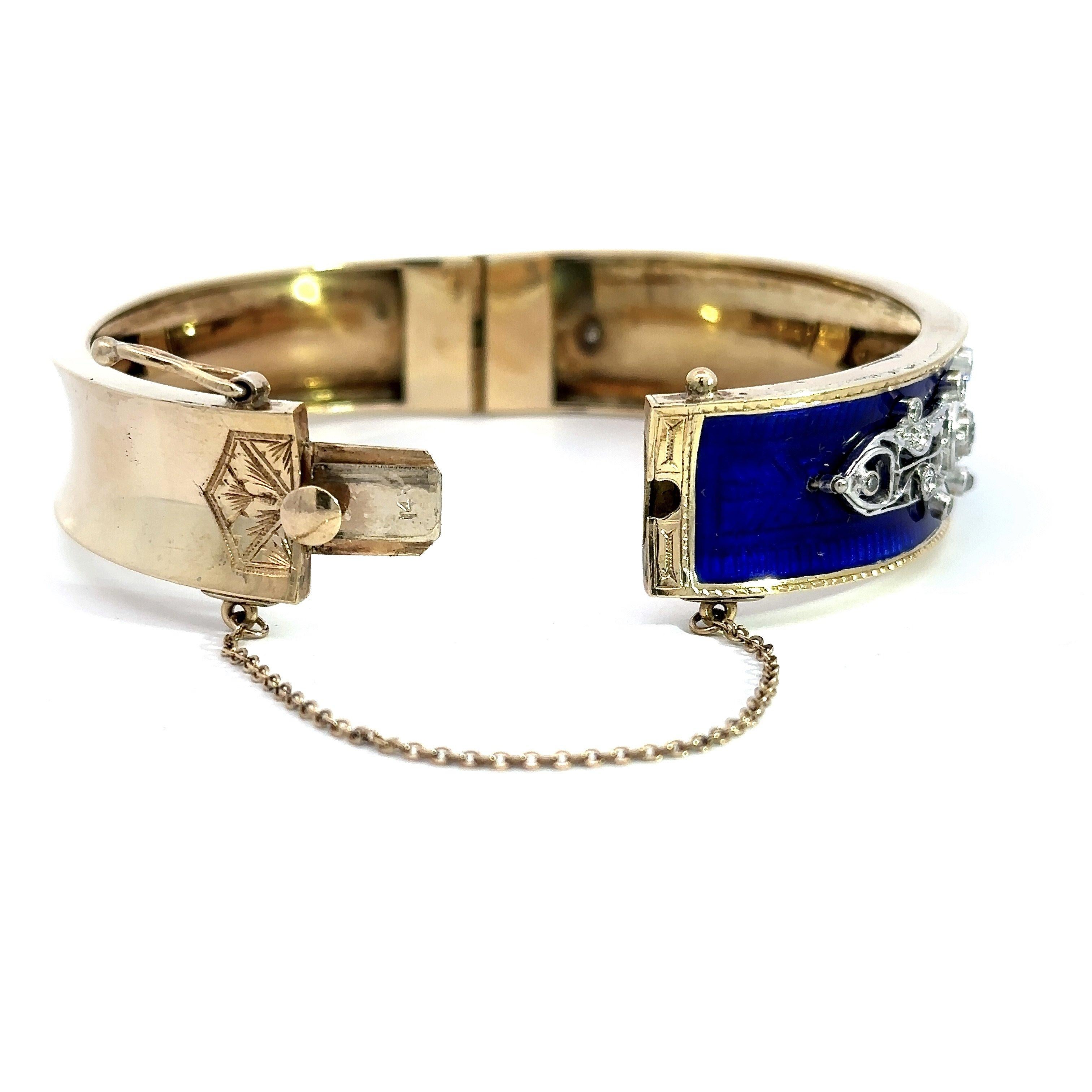 1.35CT Diamond Blue Enamel Vintage Bangle Bracelet For Sale 5