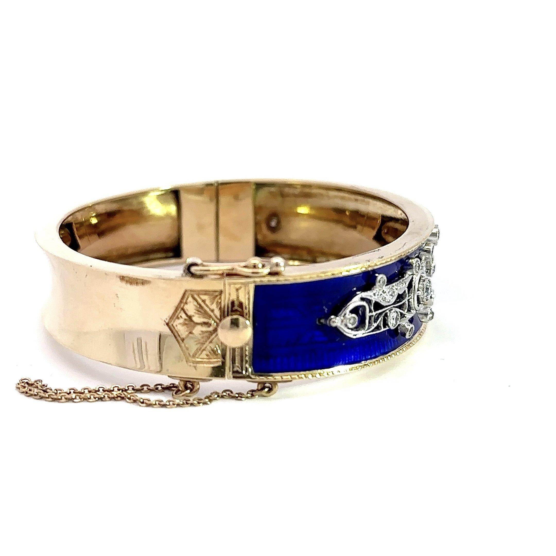 1.35CT Diamond Blue Enamel Vintage Bangle Bracelet For Sale 7
