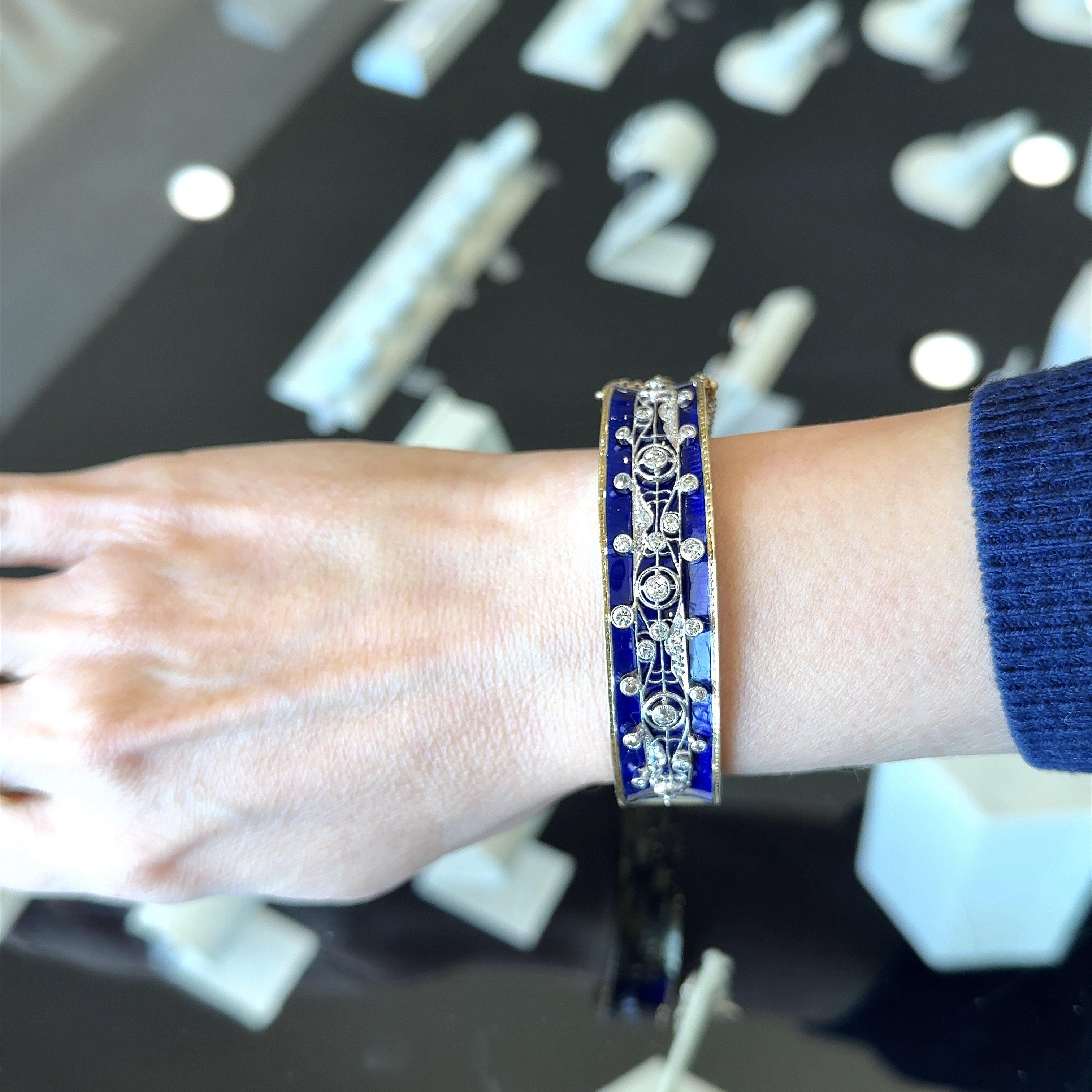 Old European Cut 1.35CT Diamond Blue Enamel Vintage Bangle Bracelet For Sale